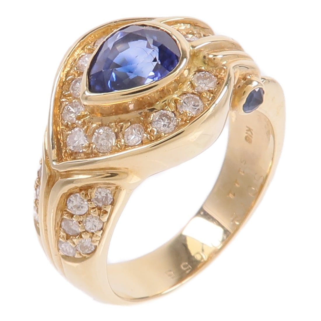 18K Yellow Gold Sapphire Diamond Ring Size 6.75: 18K Yellow Gold Sapphire Diamond Ring Size 6.75 A sapphire and diamond ring in 18K yellow gold, presented in a US size 6.75. The ring features blue and clear stones with a detailed motif design and a 