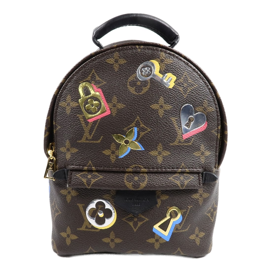 Louis Vuitton Palm Springs Mini Love Lock M44367 Monogram Backpack: Louis Vuitton Palm Springs Mini Love Lock M44367 Monogram Backpack A Louis Vuitton Palm Springs Mini backpack in Brown/Blue with the Love Lock detail. It is made from Monogram and PVC coated canvas an