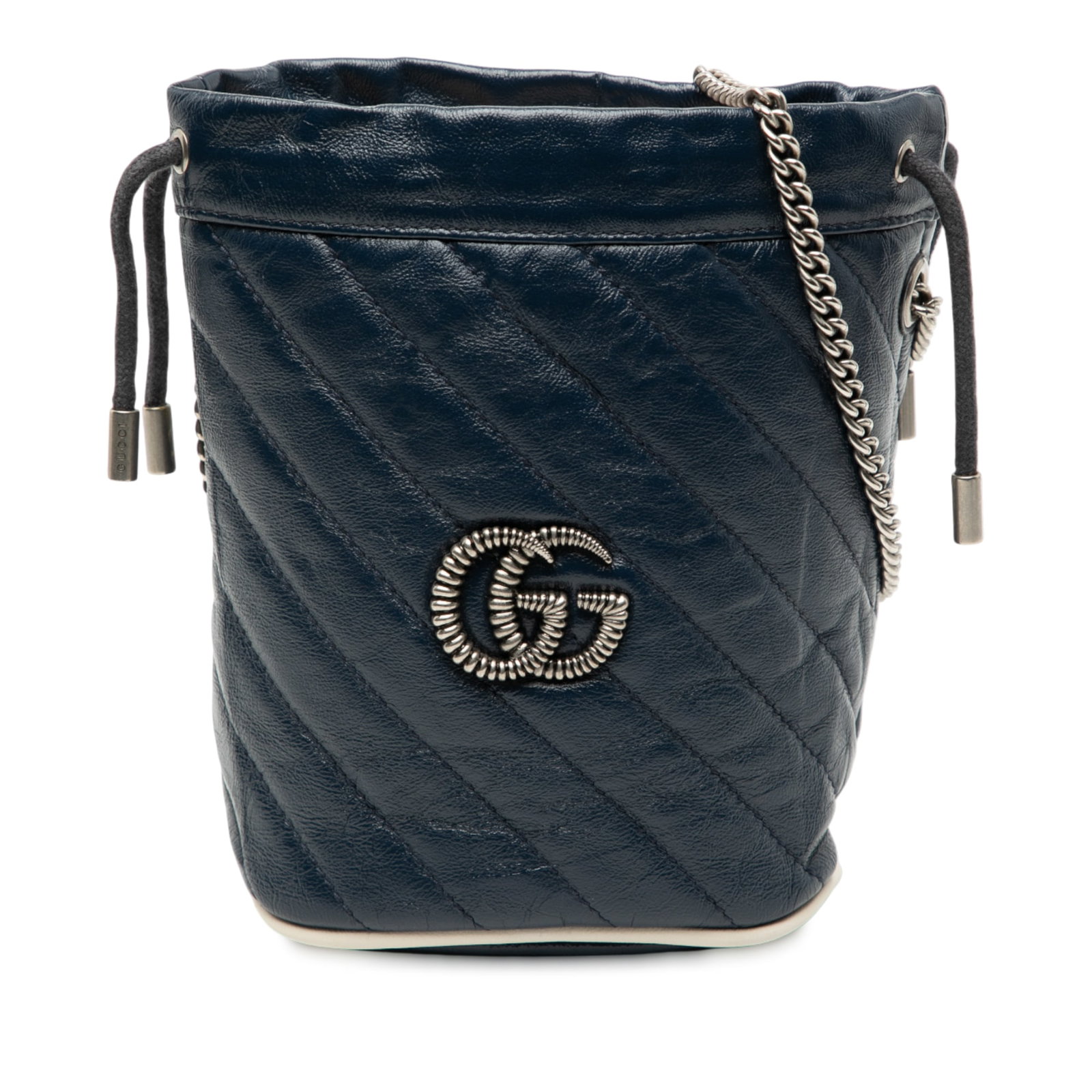 Gucci Mini GG Marmont Blue Leather Matelasse Torchon Bucket Bag: Gucci Mini GG Marmont Blue Leather Matelasse Torchon Bucket Bag This Gucci Mini GG Marmont Matelasse Diagonal Leather Torchon Bucket Bag features a quilted leather body in blue, a chain link strap, a 