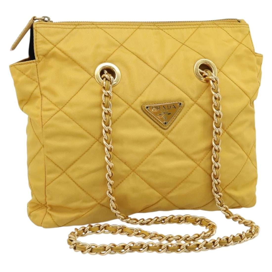 Prada Nylon Shoulder Bag Yellow Gold Chain Strap with Dust Bag: Prada Nylon Shoulder Bag Yellow Gold Chain Strap with Dust Bag A Prada chain shoulder bag in yellow/gold nylon, made in Italy. It comes with a dust bag and features a shoulder strap with an approximat