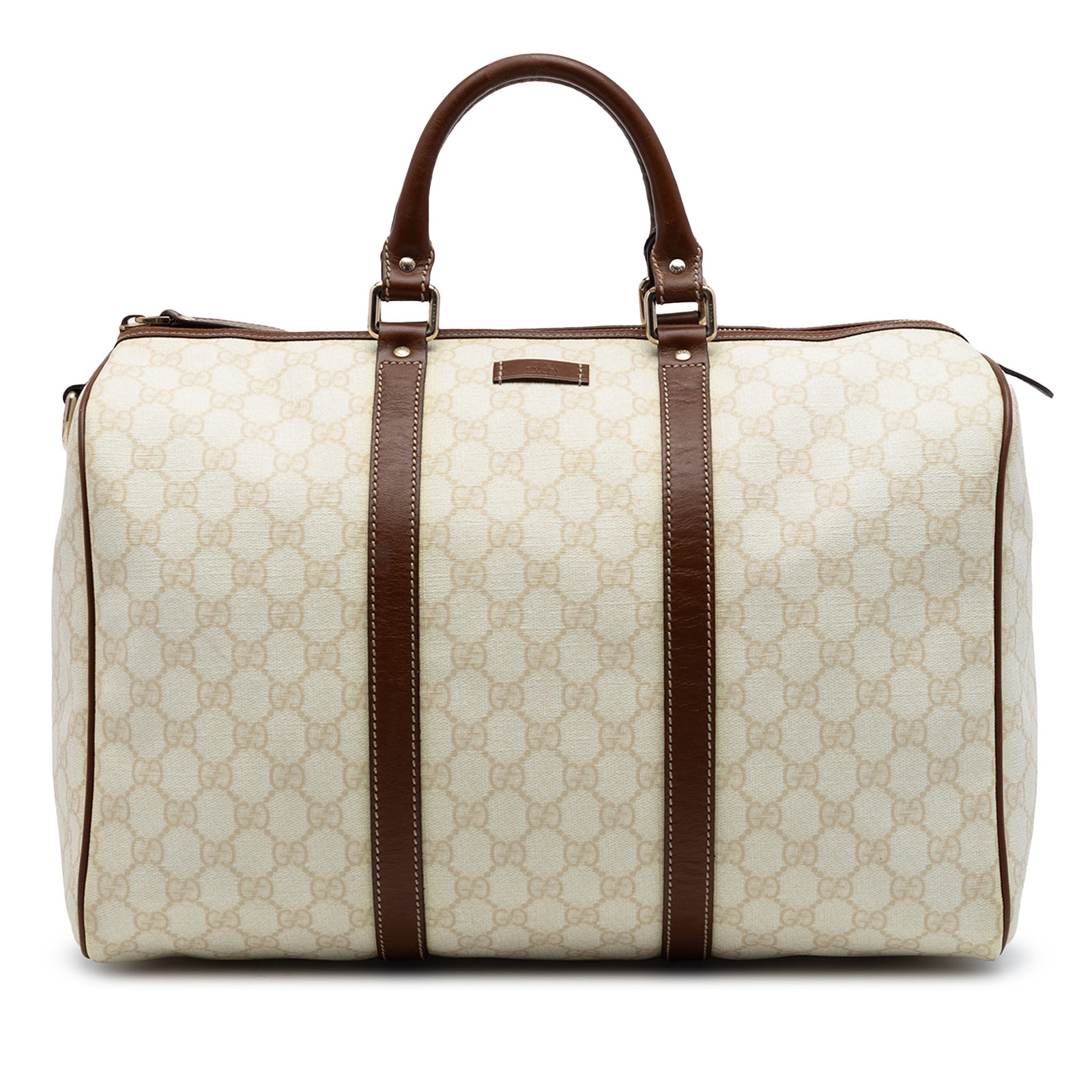 Gucci Joy Boston Bag Large GG Supreme Brown Coated Canvas: Gucci Joy Boston Bag Large GG Supreme Brown Coated Canvas Gucci Large GG Supreme Joy Boston bag crafted with a coated canvas body and leather trim. It features rolled leather handles, a top zip closur