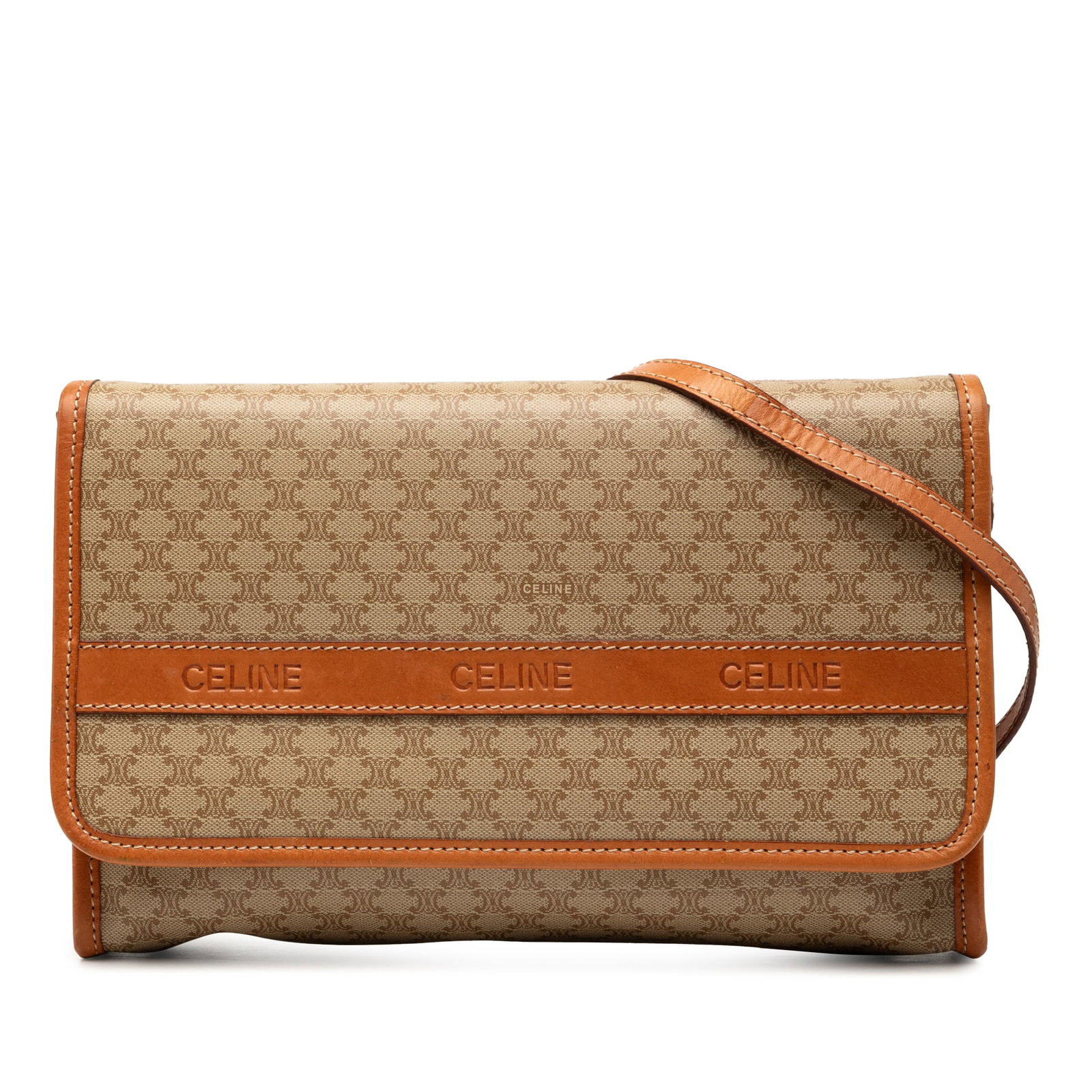 Celine Macadam beige coated canvas flap bag: Celine Macadam beige coated canvas flap bag This Celine Macadam crossbody bag is crafted from coated canvas with leather trim, featuring a flat leather strap and a front flap with a magnetic snap butt