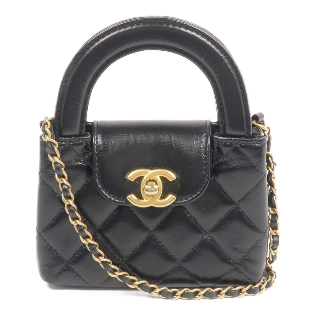 CHANEL AP3435 CC Kelly Nano 2 Way Shoulder Bag Black Calfskin: CHANEL AP3435 CC Kelly Nano 2 Way Shoulder Bag Black Calfskin This CHANEL CC GHW Kelly Nano 2 Way Shoulder Bag is crafted from black calfskin (cowhide) leather and features a turn-lock closure. It com