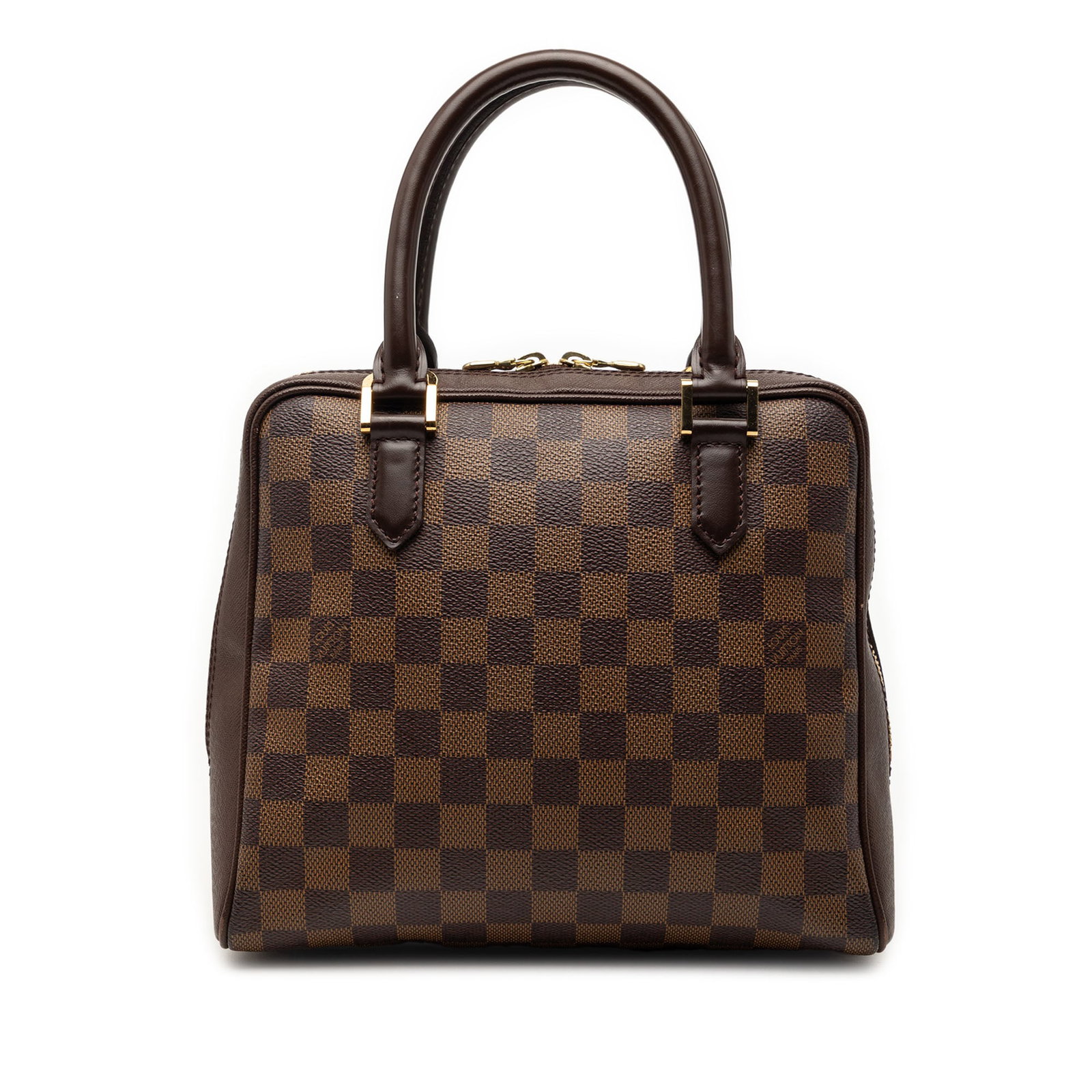 Louis Vuitton Brera Handbag in Damier Ebene Canvas with Leather Trim: Louis Vuitton Brera Handbag in Damier Ebene Canvas with Leather Trim The Louis Vuitton Damier Ebene Brera features a signature Damier canvas body with leather trim, rolled leather handles, a top zip c