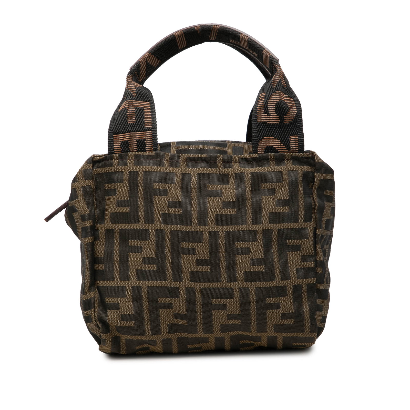 Fendi Mini Zucca Brown Canvas Zip Top Handbag: Fendi Mini Zucca Brown Canvas Zip Top Handbag Fendi Mini Zucca Canvas Handbag in brown fabric, made in Italy. This bag features a canvas body, flat handles, and a top zip closure. Condition is B+, wit