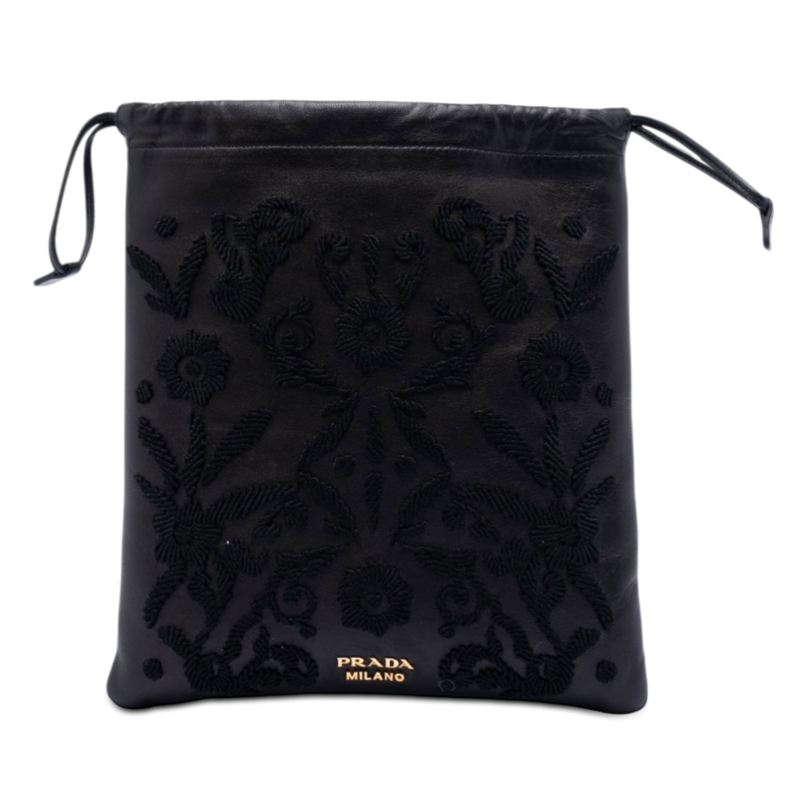 Prada Black Leather Pouch with Embroidery and Drawstring Closure: Prada Black Leather Pouch with Embroidery and Drawstring Closure This Prada pouch features an embroidered leather body in black and an open top with a drawstring closure. The exterior shows scratches,