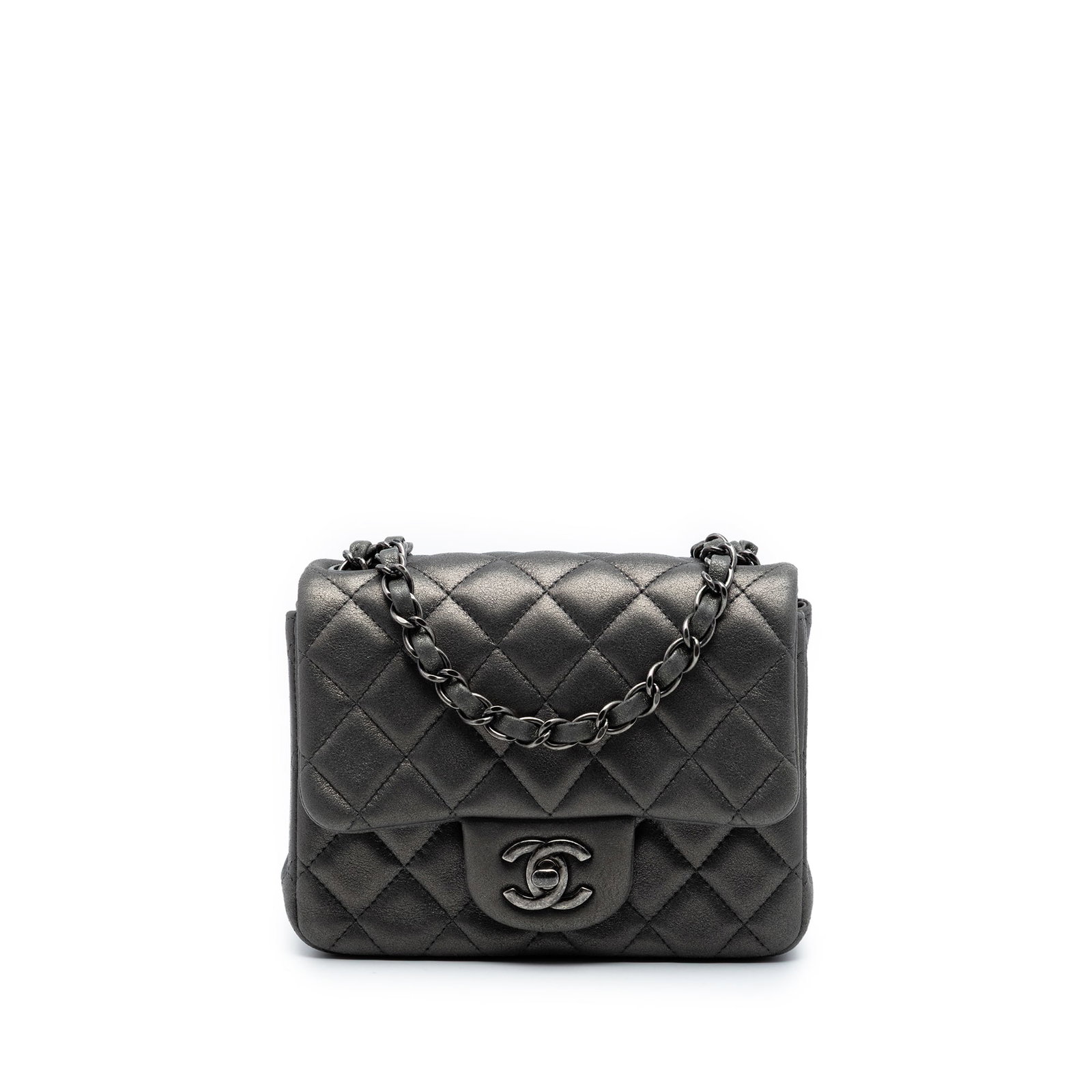 Chanel quilted lambskin crossbody flap bag Mini Square Classic: Chanel quilted lambskin crossbody flap bag Mini Square Classic This Chanel Mini Square Classic Lambskin Single Flap bag features a quilted lambskin leather exterior in gray, complemented by a leather-