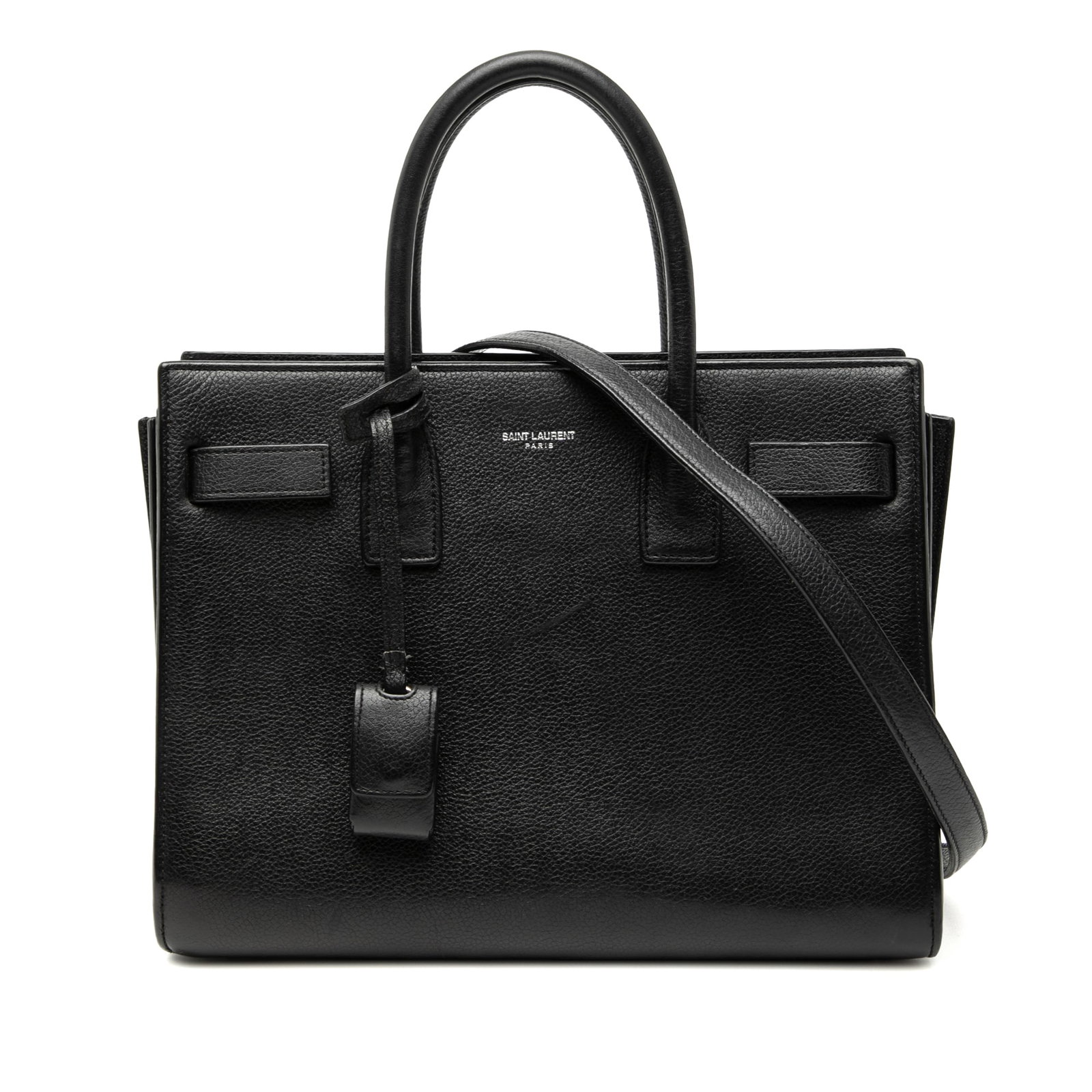 Saint Laurent Baby Sac De Jour Leather Satchel Black: Saint Laurent Baby Sac De Jour Leather Satchel Black This Baby Sac De Jour satchel features a leather body in black with rolled leather handles, a detachable flat leather strap, a clochette, an open t
