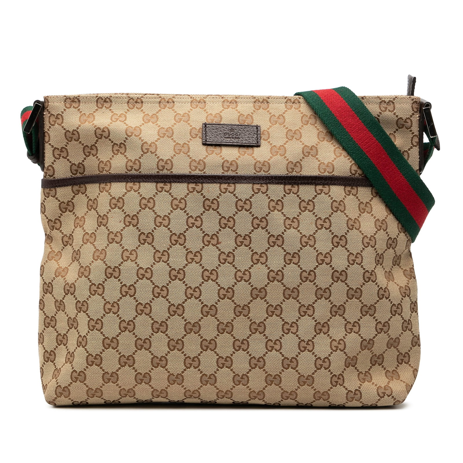GG Canvas Web Crossbody Bag with Leather Trim by Gucci: GG Canvas Web Crossbody Bag with Leather Trim by Gucci This Gucci GG Canvas Web Crossbody bag features a beige canvas body with leather trim and an adjustable flat web strap. It is designed with a top