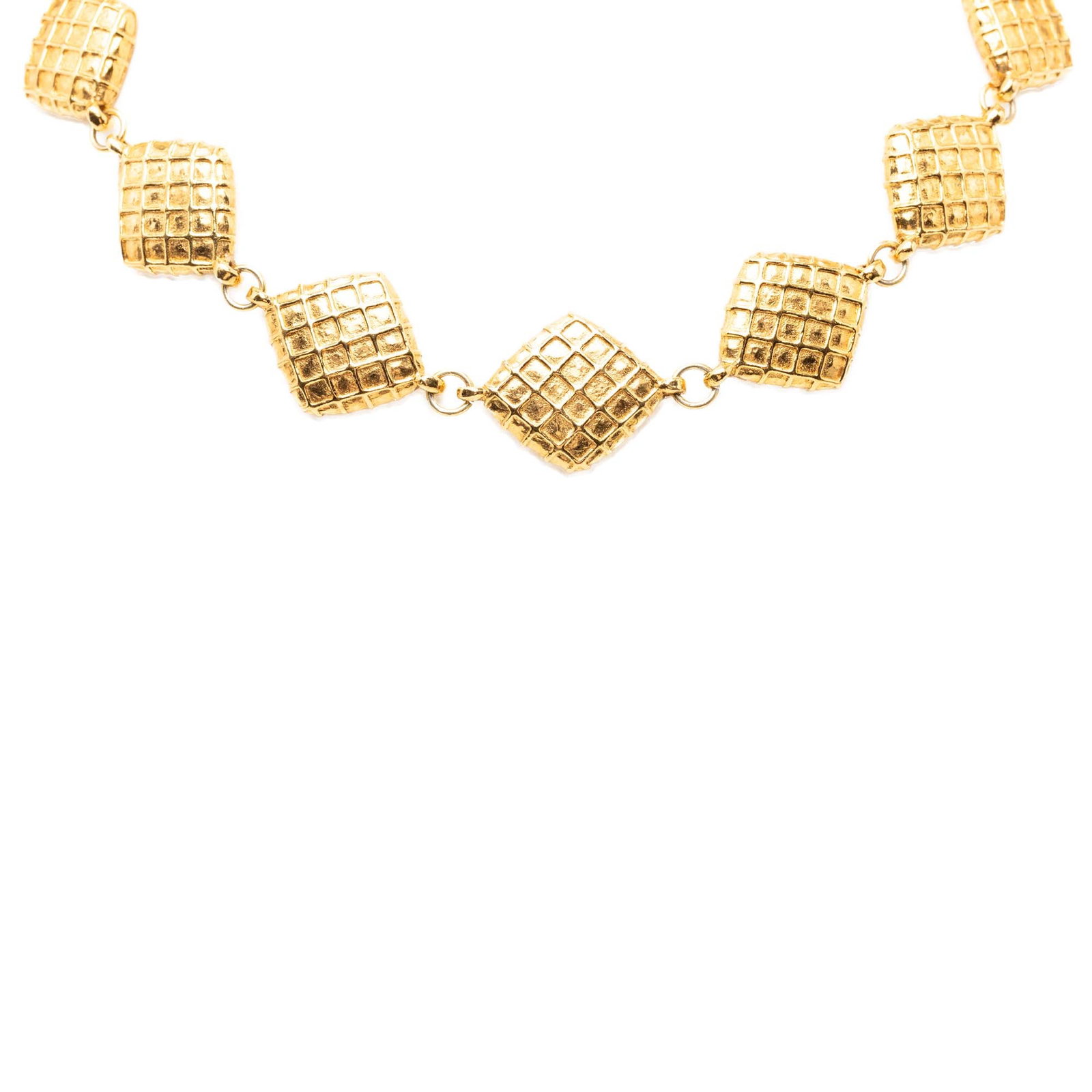 Chanel Quilted Diamond CC Necklace Gold Plated Metal: Chanel Quilted Diamond CC Necklace Gold Plated Metal This Chanel necklace features a quilted, gold-plated diamond-shaped pendant and is secured with a spring ring closure. Crafted from metal in a gold