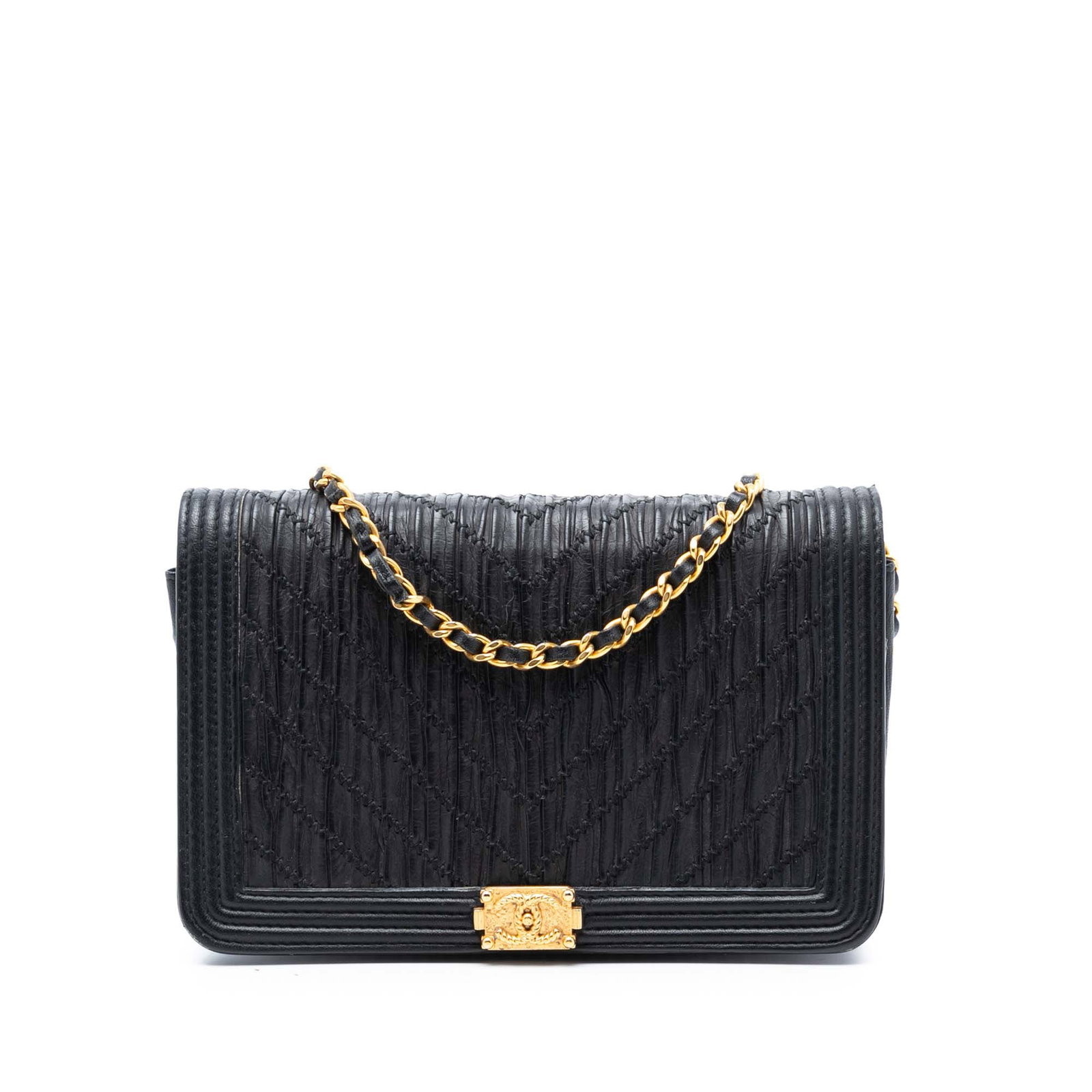 Chanel Le Boy Black Chevron Calfskin Pleated Wallet On Chain Bag: Chanel Le Boy Black Chevron Calfskin Pleated Wallet On Chain Bag This Chanel Pleated Crumpled Chevron Le Boy Wallet On Chain features a black calfskin leather body with a pleated crumpled chevron desi