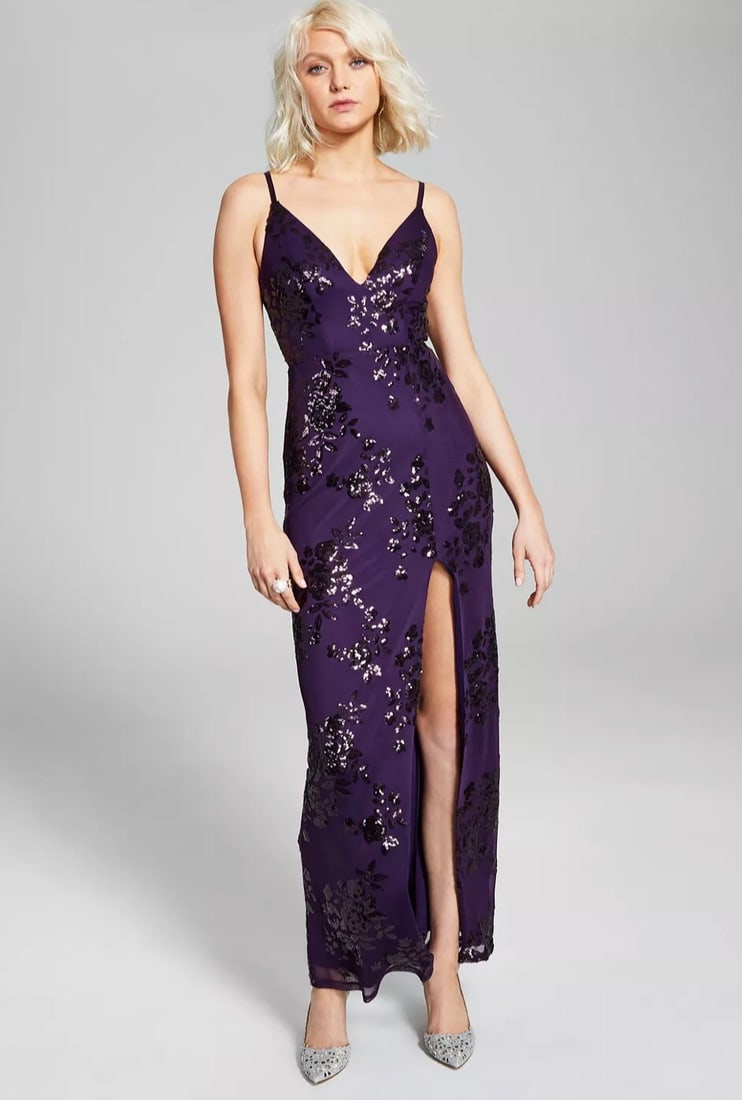Speechless Juniors Purple Sequin Mesh Maxi Dress Size 11 (1 of 5)