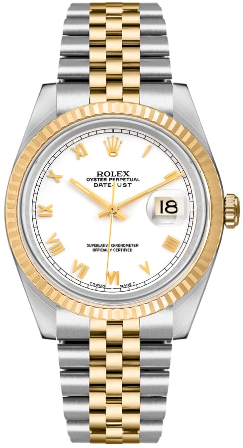 Rolex Datejust 16233 Jubilee Bracelet White Roman Dial: Rolex Datejust 16233 Jubilee Bracelet White Roman Dial This Rolex Datejust features a white Roman numeral dial, fluted bezel, and is paired with a Jubilee bracelet. The watch is designed for men and i