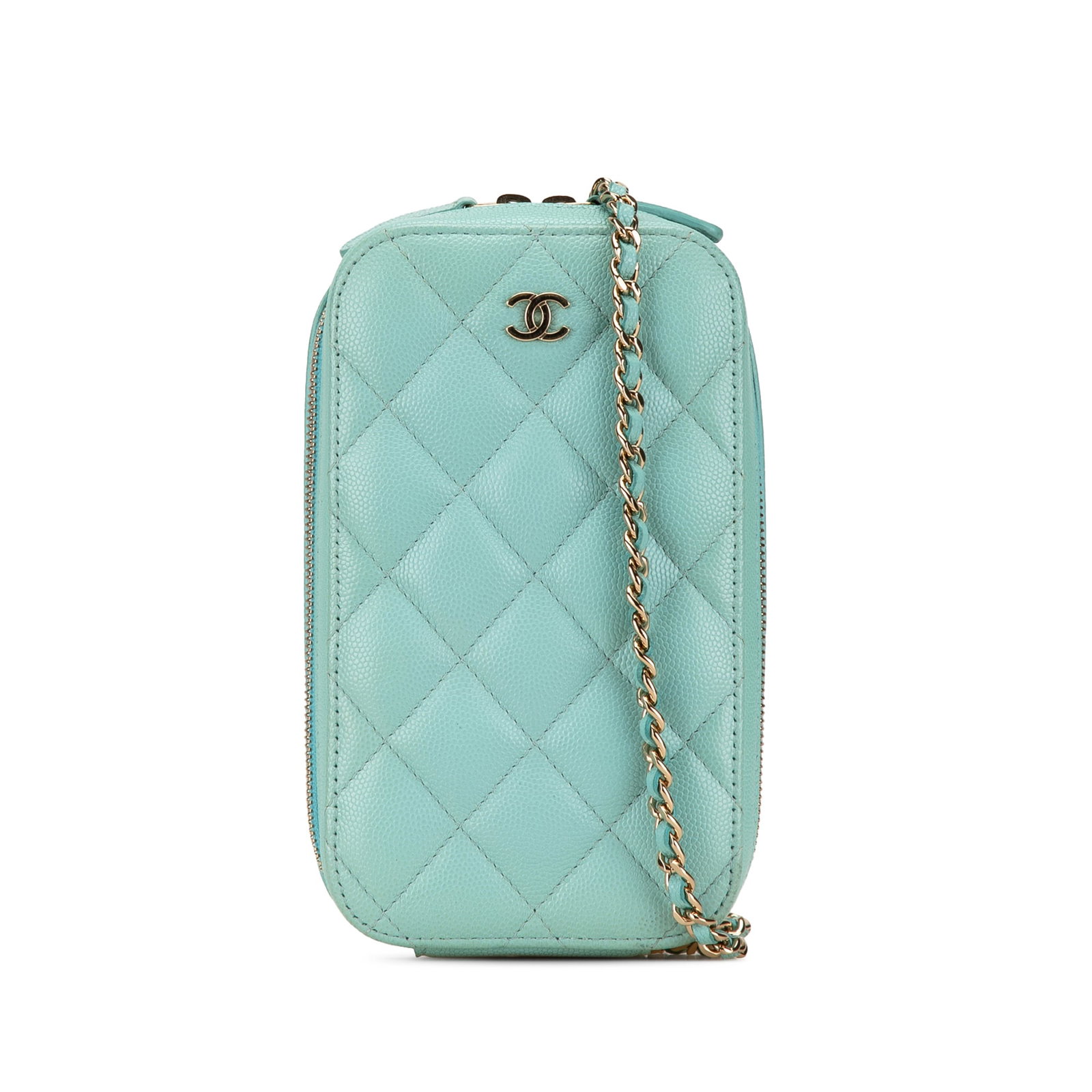 Chanel Blue CC Quilted Caviar Zip Phone Case with Chain Strap: Chanel Blue CC Quilted Caviar Zip Phone Case with Chain Strap This stylish Chanel CC Quilted Caviar Zip Phone Case is crafted from luxurious quilted caviar leather in a striking blue hue. It features 