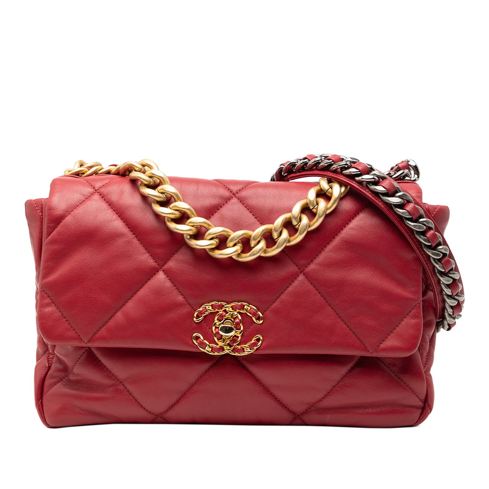 Chanel 19 Large Quilted Red Lambskin Flap Bag with Gold Chain: Chanel 19 Large Quilted Red Lambskin Flap Bag with Gold Chain This Chanel Large Lambskin 19 Flap bag features a red quilted lambskin leather body with a gold-tone chain handle and a woven leather chai
