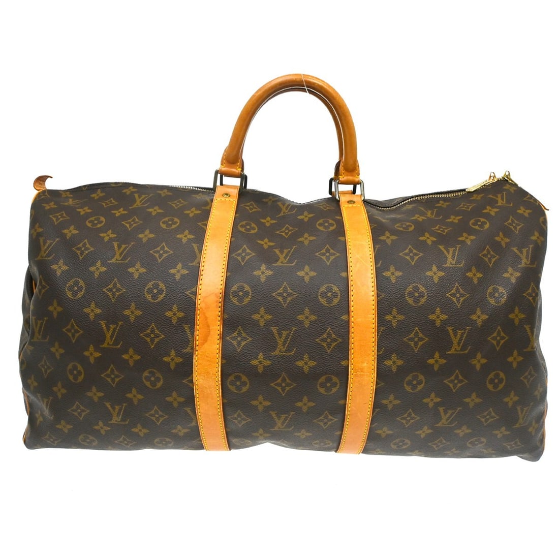 Louis Vuitton Keepall 55 Monogram Canvas Travel Duffle Bag M41424: Louis Vuitton Keepall 55 Monogram Canvas Travel Duffle Bag M41424 Vintage Louis Vuitton Keepall 55 travel handbag in brown Monogram canvas with leather trim and double handles. This unisex duffle-styl