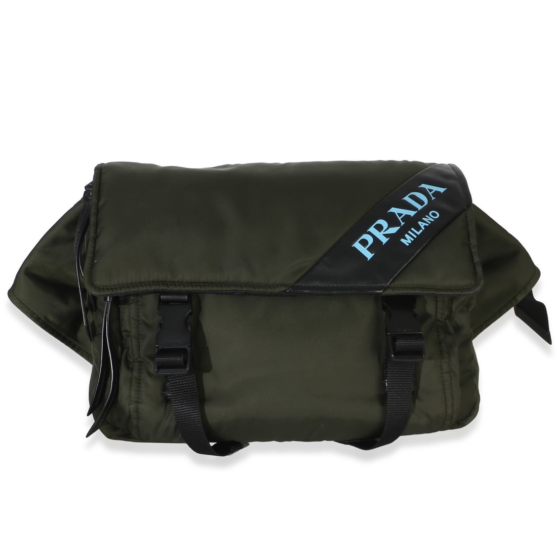 Prada Nylon Messenger Bag Green Buckle Closure with Care Booklet: Prada Nylon Messenger Bag Green Buckle Closure with Care Booklet Prada messenger bag in green nylon with a logo stripe detail and buckle closure. This pre-owned unisex bag includes the care booklet an