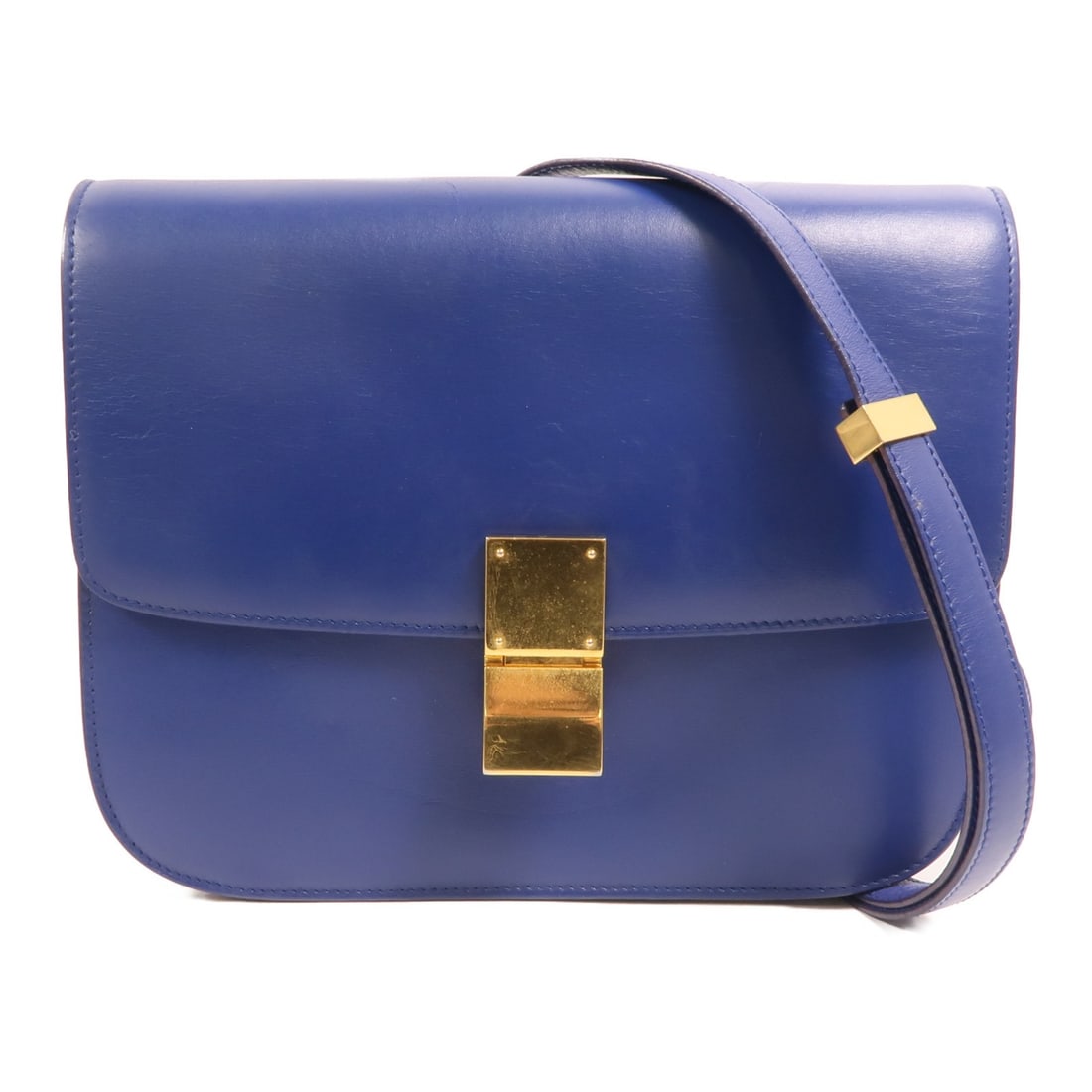 Celine Classic Box Blue Calfskin Shoulder Bag with Gold Tone Hardware: Celine Classic Box Blue Calfskin Shoulder Bag with Gold Tone Hardware CELINE Classic Box shoulder bag in blue calfskin (cowhide) leather, made in France. Designed for women, this regular-size shoulder
