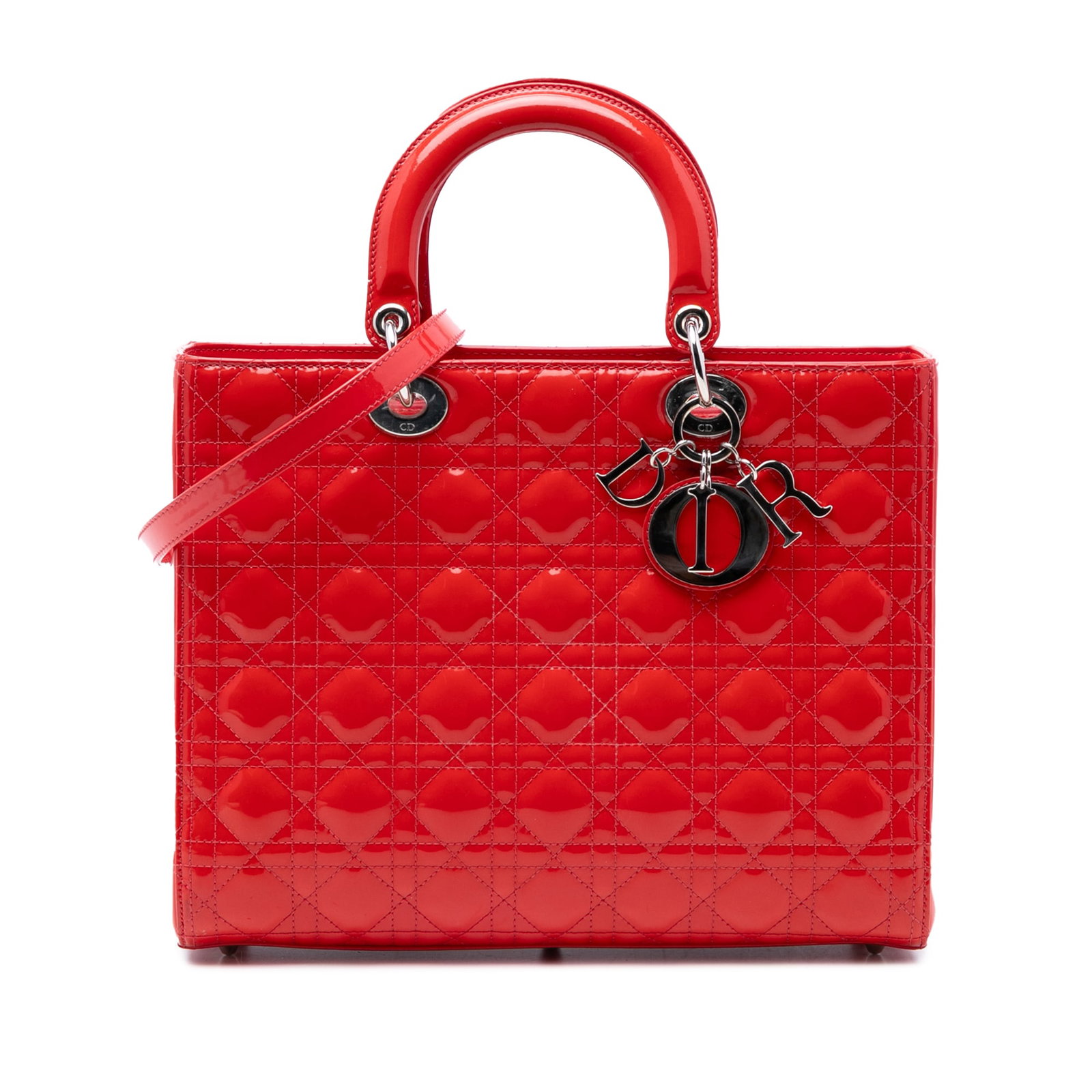 Dior Lady Dior Large Red Patent Leather Cannage Tote Bag: Dior Lady Dior Large Red Patent Leather Cannage Tote Bag This Lady Dior handbag features a quilted patent leather exterior in red, rolled top handles, a detachable flat leather strap, and a top zip cl