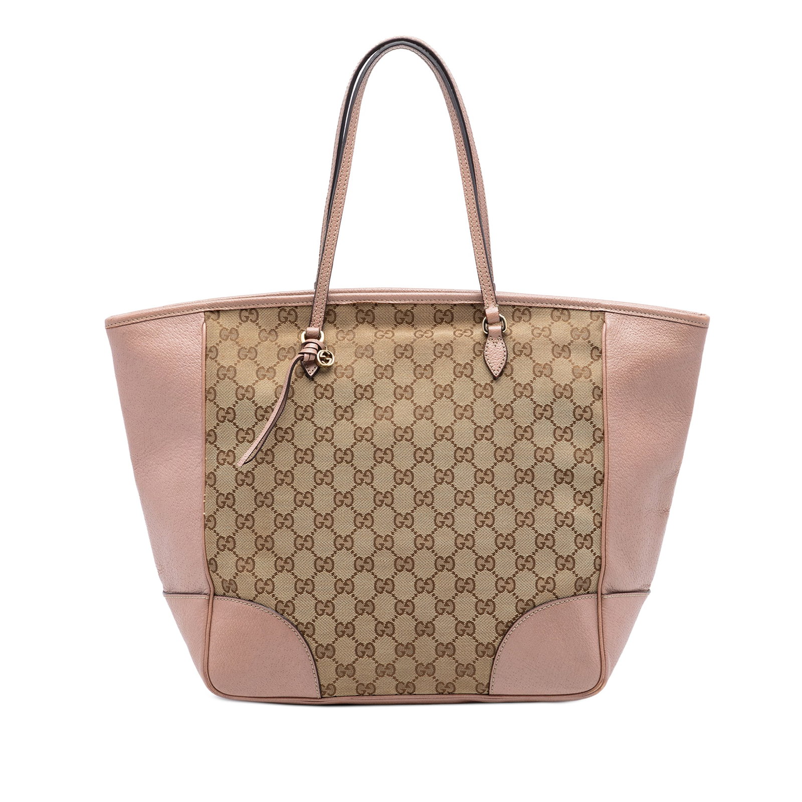 Bree Tote Bag in GG Canvas and Leather by Gucci: Bree Tote Bag in GG Canvas and Leather by Gucci This Gucci Bree tote features a beige canvas and leather body with flat leather handles and a top zip closure. The interior is equipped with zip and sli