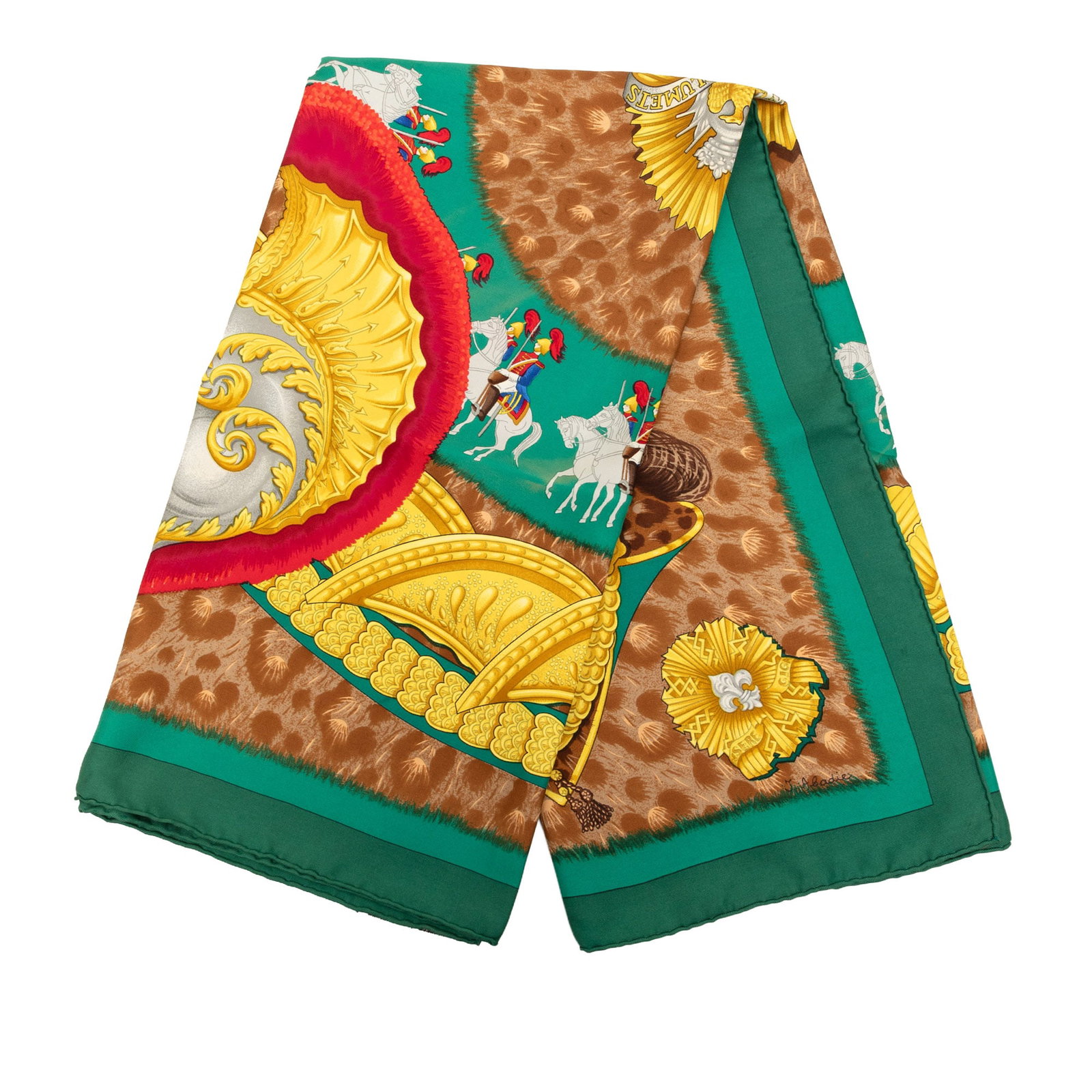 Hermes Casques et Plumets 90 Silk Scarf Green: Hermes Casques et Plumets 90 Silk Scarf Green Hermes Casques et Plumets Silk Scarf 90 in green, featuring a print on 100% silk. It is an accessory made in France and measures 89 cm in length by 88 cm 