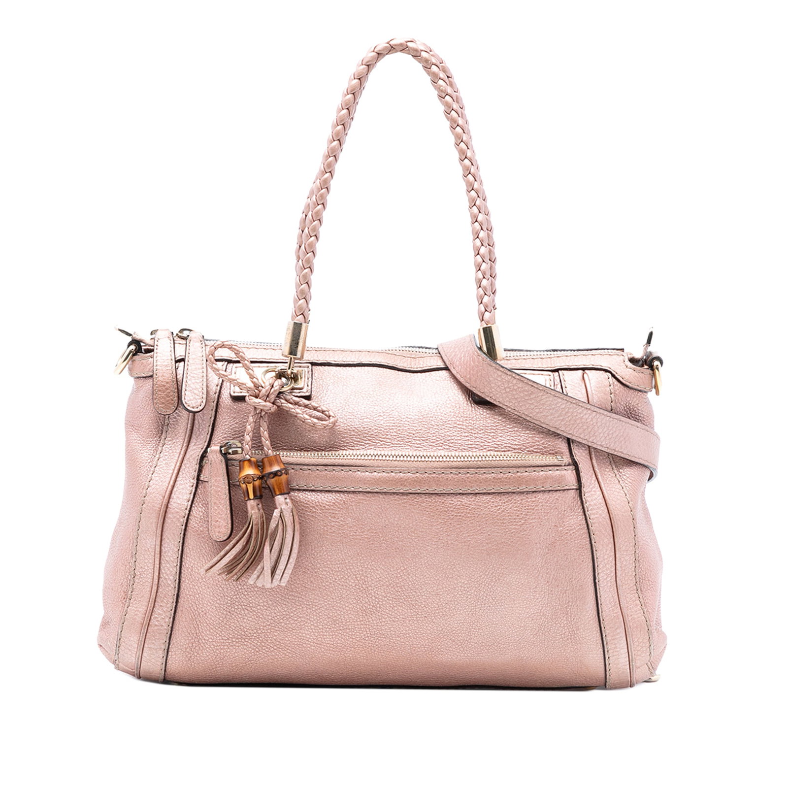 Gucci Bella Pink Metallic Leather Satchel with Braided Handles and Tassel: Gucci Bella Pink Metallic Leather Satchel with Braided Handles and Tassel This Gucci Bella satchel features a metallic pebbled leather body in pink with stylish tassel detail and braided leather handl