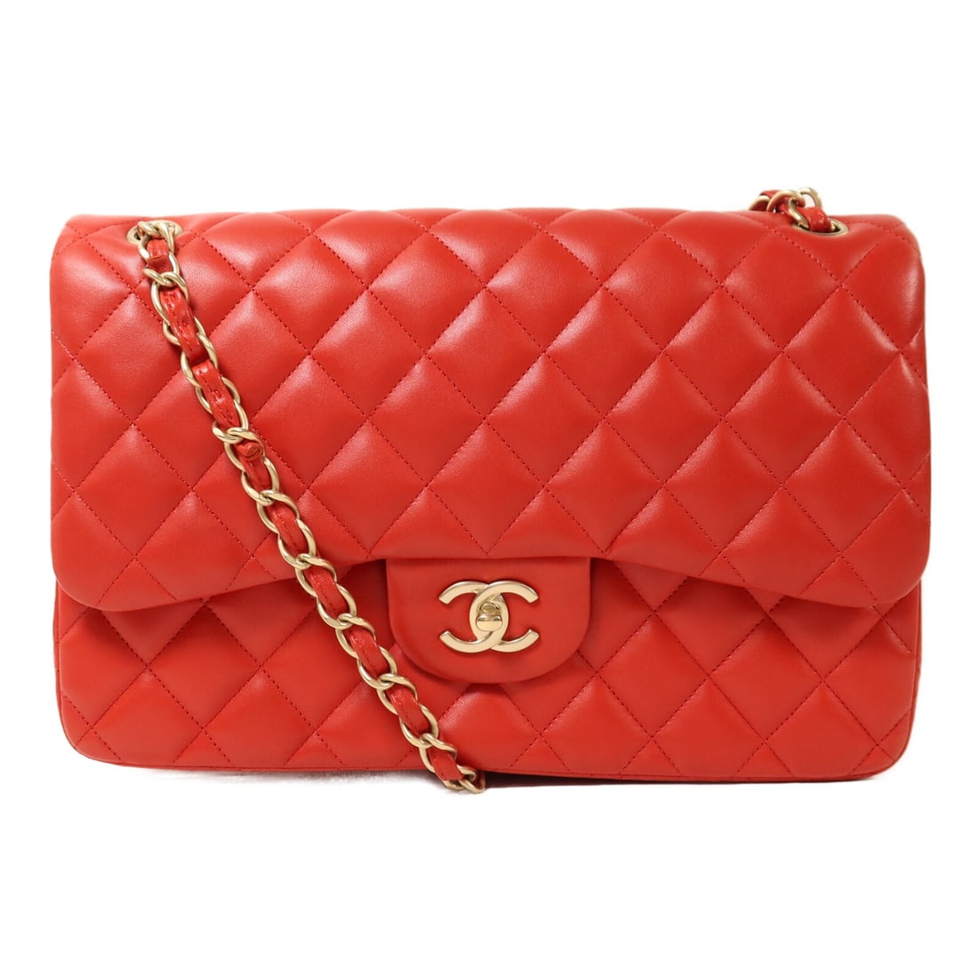 CHANEL A58600 Large Classic CC Shoulder Bag Red Lambskin GHW: CHANEL A58600 Large Classic CC Shoulder Bag Red Lambskin GHW A CHANEL Classic Chain Shoulder Bag in red lambskin leather with gold-tone hardware. This women's shoulder bag is made in France and featur