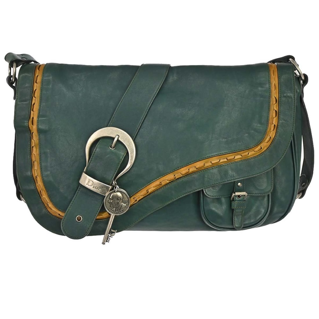 Christian Dior Gaucho Leather Shoulder Bag Green Dust Bag 07-MA-0066: Christian Dior Gaucho Leather Shoulder Bag Green Dust Bag 07-MA-0066 Christian Dior Gaucho shoulder bag in green leather, made in Italy. The bag features one exterior pocket, one interior zipper pocke
