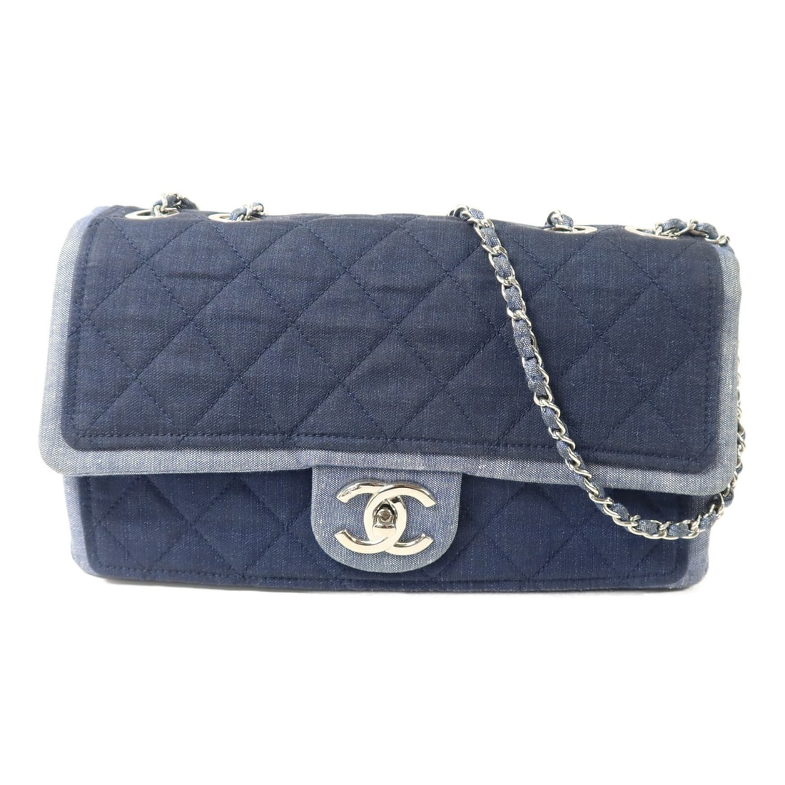 CHANEL Flag Bag Denim 2 Way Shoulder Bag Blue CC SHW: CHANEL Flag Bag Denim 2 Way Shoulder Bag Blue CC SHW A CHANEL 2-way shoulder bag in blue denim with a CC turn-lock closure. It features one inside zip pocket and one open pocket, and comes with storag