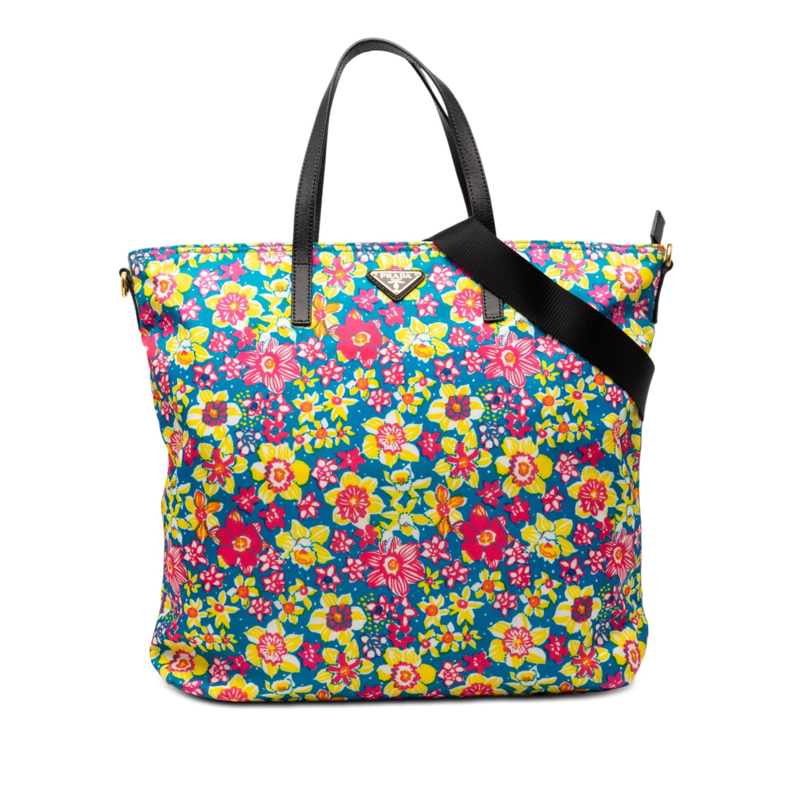 Prada blue printed nylon satchel with leather handles: Prada blue printed nylon satchel with leather handles This Prada Tessuto Stampato Satchel is crafted in Italy and features a printed nylon body with flat leather handles and a detachable flat shoulder