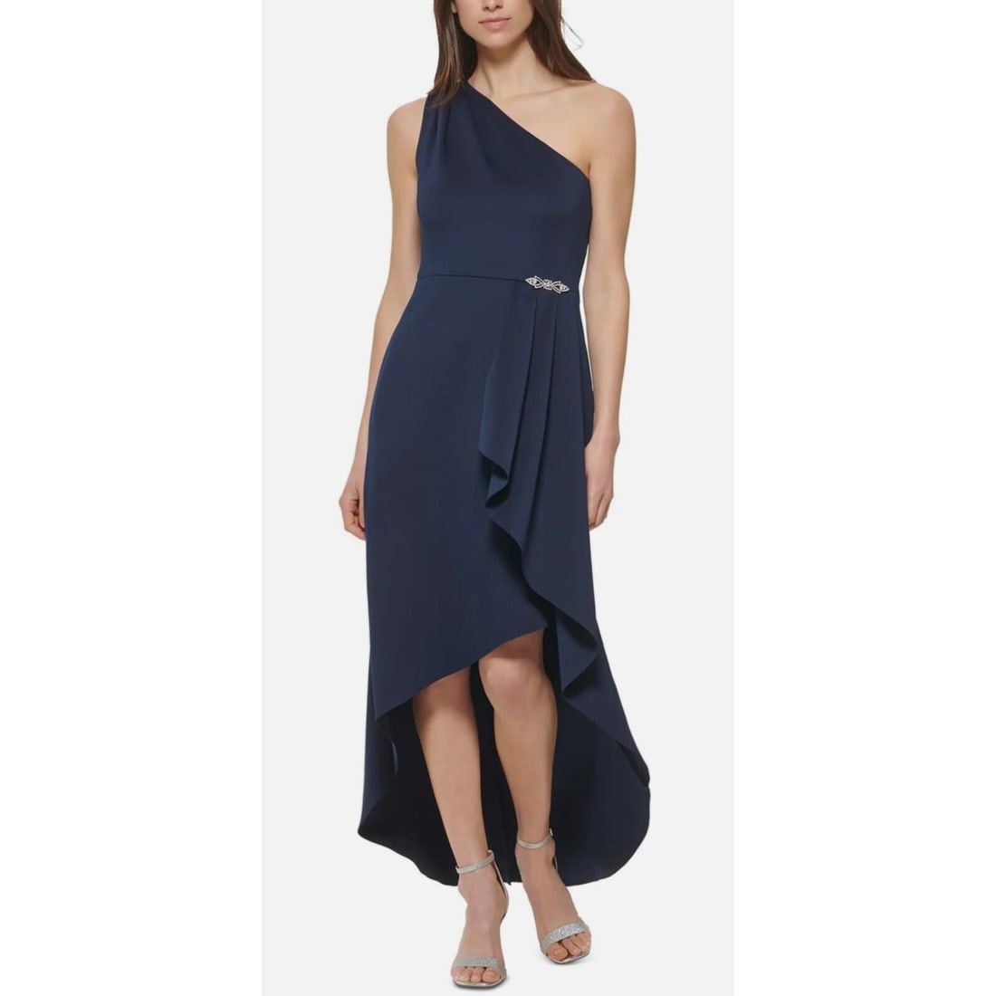 Jessica Howard Petite Navy One Shoulder Ruffled Midi Dress 14P: Jessica Howard Petite Navy One Shoulder Ruffled Midi Dress 14P Make a stunning impression at your next event with this Jessica Howard Petite Ruffled High-Low One Shoulder Midi Dress in Navy. The dress