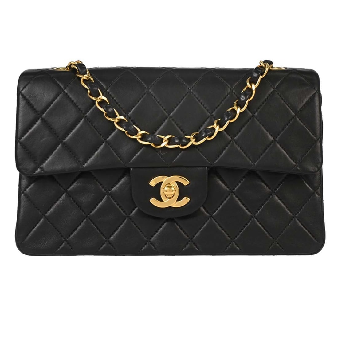 CHANEL Classic Double Flap Small Black Lambskin Shoulder Bag: CHANEL Classic Double Flap Small Black Lambskin Shoulder Bag Chanel Small Classic Double Flap shoulder bag in black lambskin with matelasse quilting, a flap turnlock closure, and chain shoulder strap.