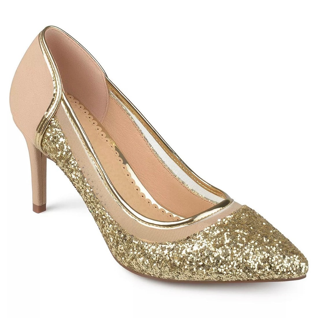 Journee Collection Kalani Gold Glitter Mesh Stiletto Pumps 8.5: Journee Collection Kalani Gold Glitter Mesh Stiletto Pumps 8.5 Elevate your style with these stunning Kalani Gold Glitter Mesh Pumps from Journee Collection. Designed with a pointed toe and a high sti
