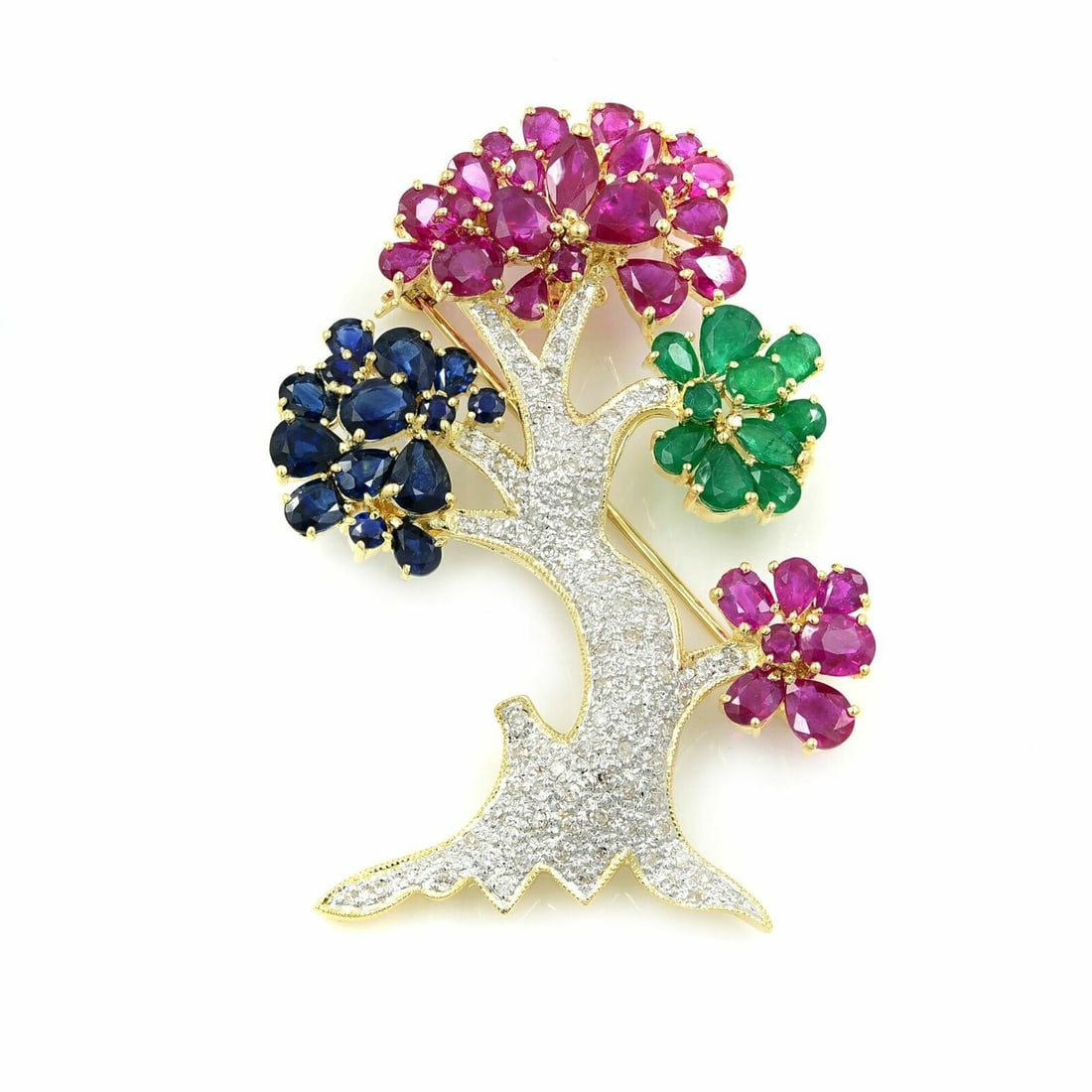 Rachel Koen 14K Yellow Gold Multi-Gem Tree Brooch with Diamonds: Rachel Koen 14K Yellow Gold Multi-Gem Tree Brooch with Diamonds This stunning brooch by Rachel Koen features a beautifully crafted design of a tree adorned with vibrant multi-tone gemstones, including