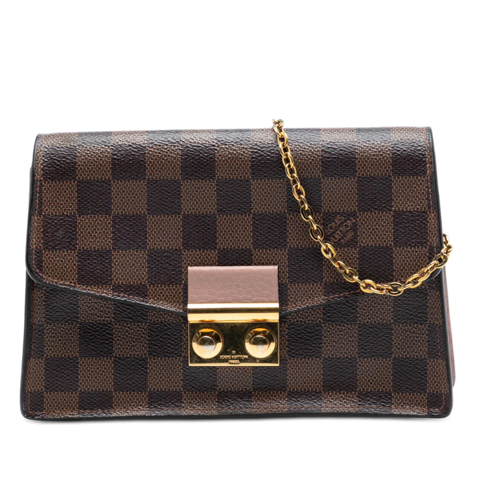 Louis Vuitton Croisette Damier Ebene Wallet with Gold Chain Strap: Louis Vuitton Croisette Damier Ebene Wallet with Gold Chain Strap The Louis Vuitton Damier Ebene Croisette Chain Wallet features a damier canvas exterior in brown, complemented by a gold tone chain st
