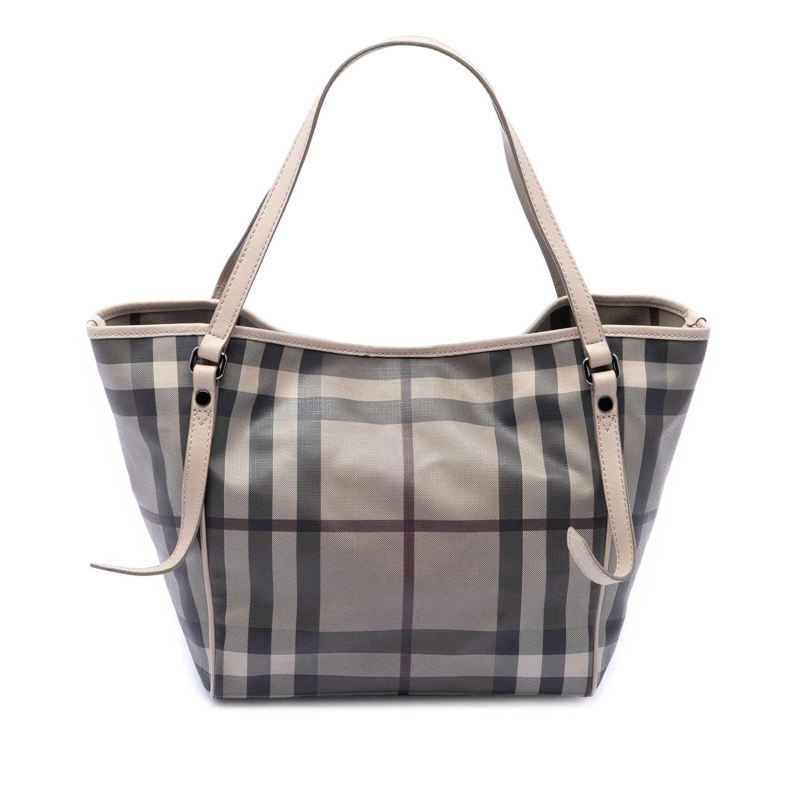Burberry Canterbury Small Tote in Smoke Check Coated Canvas: Burberry Canterbury Small Tote in Smoke Check Coated Canvas Burberry Small Smoke Check Canterbury tote in coated canvas with leather trim. This open-top bag features adjustable flat leather straps, a 