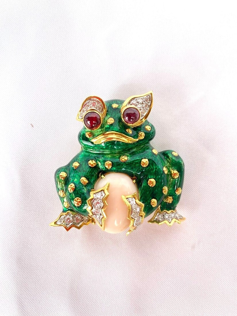 David Webb 18K Gold Frog Brooch Necklace with Ruby Coral Diamonds: David Webb 18K Gold Frog Brooch Necklace with Ruby Coral Diamonds This exquisite David Webb piece features a stunning 18K yellow gold frog necklace brooch adorned with diamonds, rubies, and coral. The