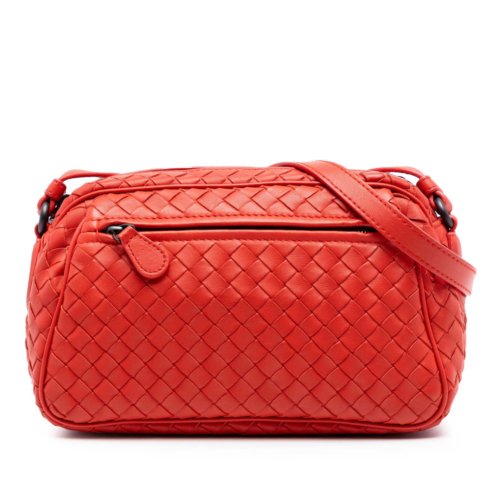 Red Bottega Veneta Intrecciato Leather Crossbody Bag: Red Bottega Veneta Intrecciato Leather Crossbody Bag This Bottega Veneta Nappa Intrecciato Crossbody bag features the brand's signature woven leather design in a red color. It is equipped with a flat,