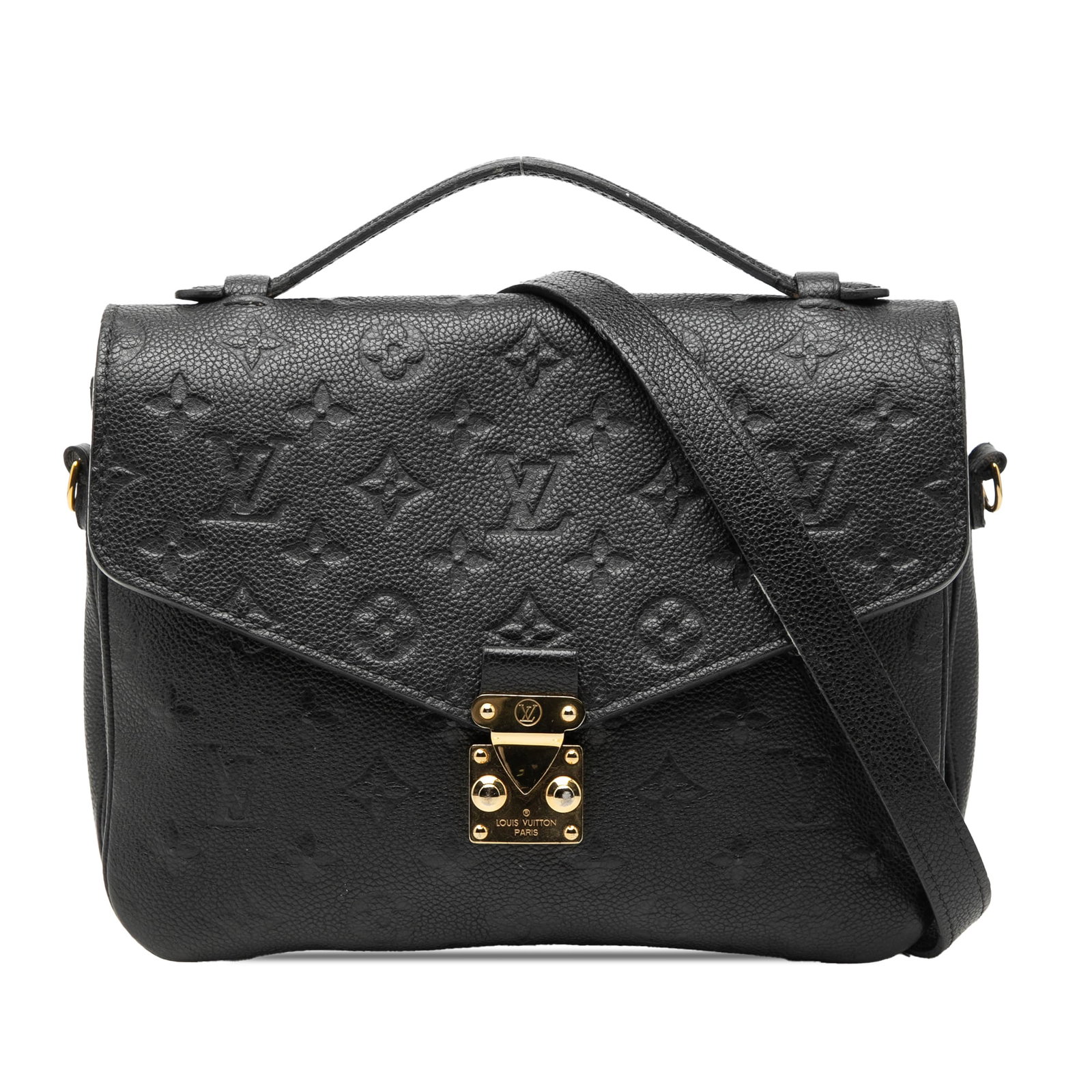 Louis Vuitton Pochette Metis Monogram Empreinte Leather Bag: Louis Vuitton Pochette Metis Monogram Empreinte Leather Bag This Louis Vuitton Monogram Empreinte Pochette Metis is crafted from monogram-embossed leather in black. It features a flat leather top hand