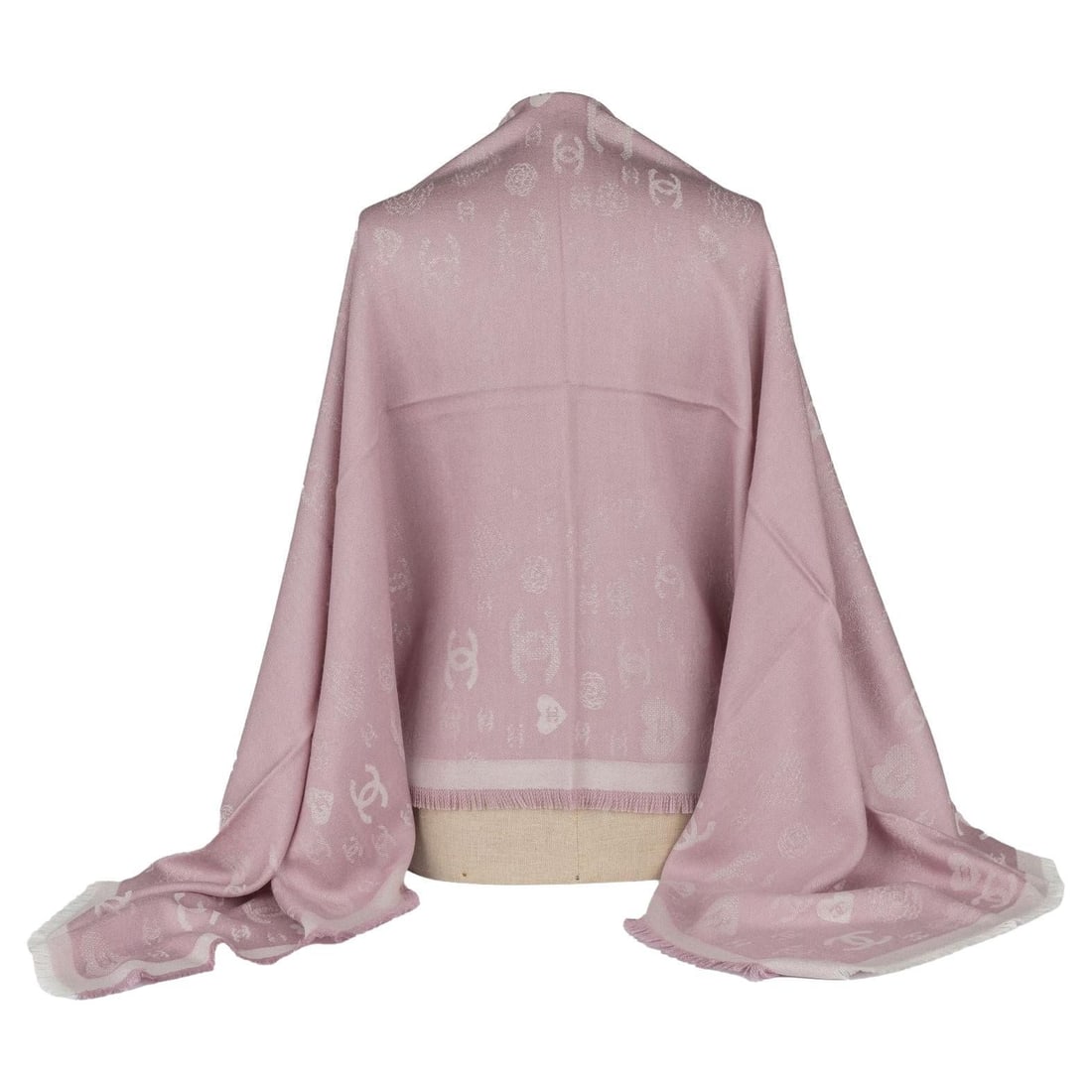 Chanel Cashmere Shawl Pink with Hearts and CC Logos: Chanel Cashmere Shawl Pink with Hearts and CC Logos Wrap yourself in luxury with this exquisite Chanel Cashmere Shawl in a lovely pink hue. This shawl showcases a charming pattern of hearts and small 