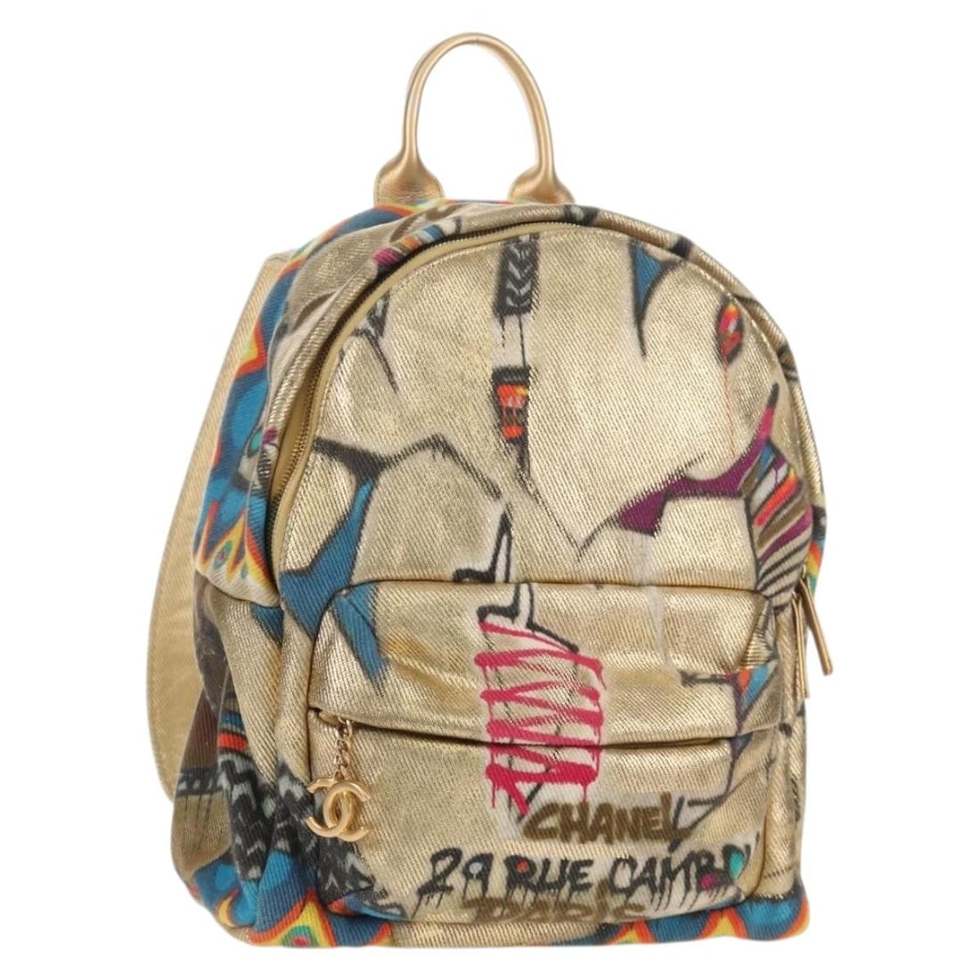 CHANEL Gold Graffiti Canvas Backpack Authentic 148460SAM: CHANEL Gold Graffiti Canvas Backpack Authentic 148460SAM Introducing a stunning CHANEL Graffiti Backpack that combines luxury and functionality. Crafted in Italy from high-quality canvas, this stylish