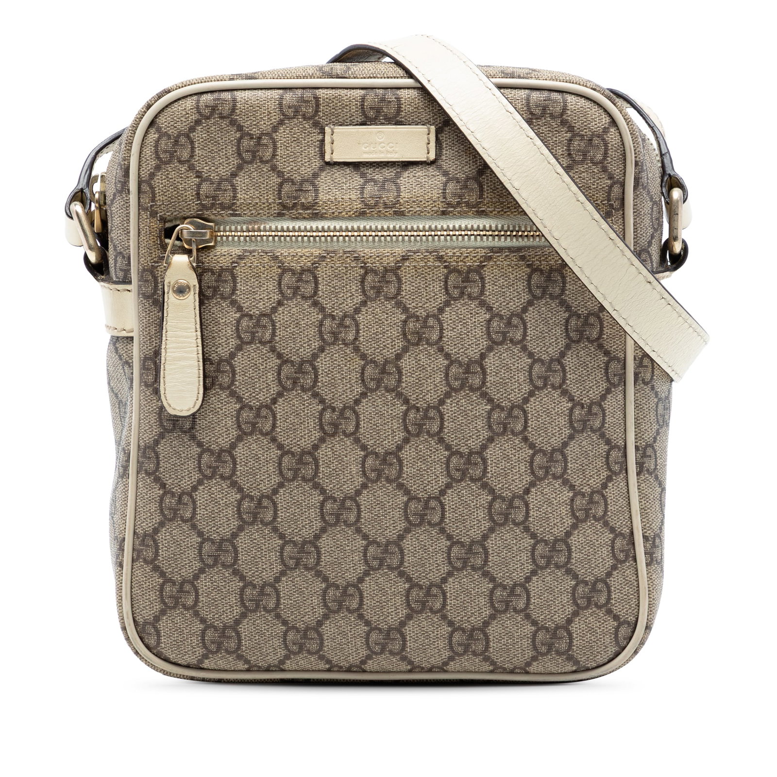 Gucci GG Supreme beige coated canvas crossbody bag: Gucci GG Supreme beige coated canvas crossbody bag This Gucci GG Supreme Crossbody bag features a beige coated canvas body with leather trim, a flat leather strap, a top zip closure, an exterior front
