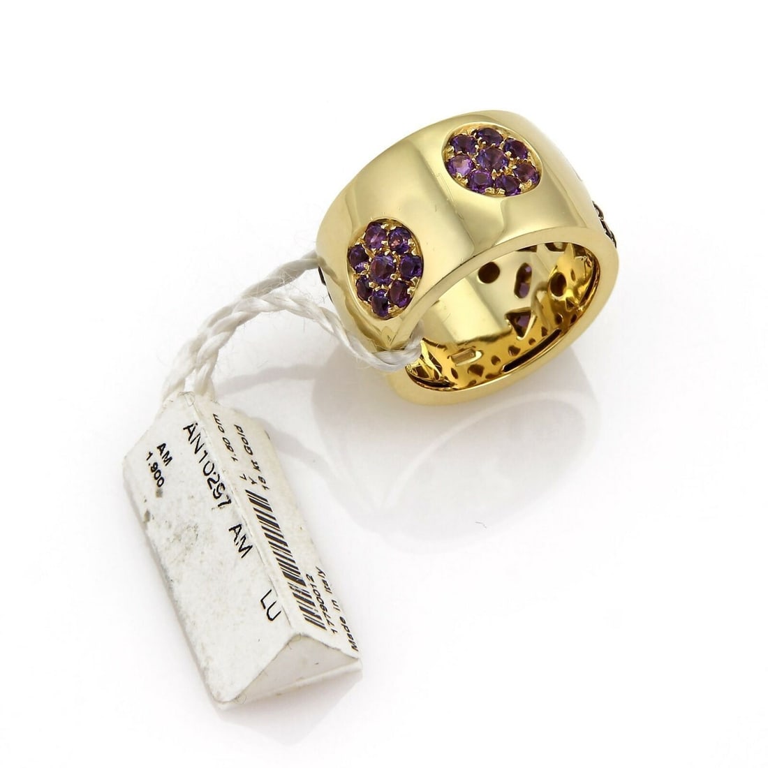 Koesia Amethyst Band Ring in 18k Yellow Gold 14mm Size 7: Koesia Amethyst Band Ring in 18k Yellow Gold 14mm Size 7 This Koesia amethyst band ring is crafted in 18k yellow gold and features a wide sculptural design with amethyst accents. The ring has a substa