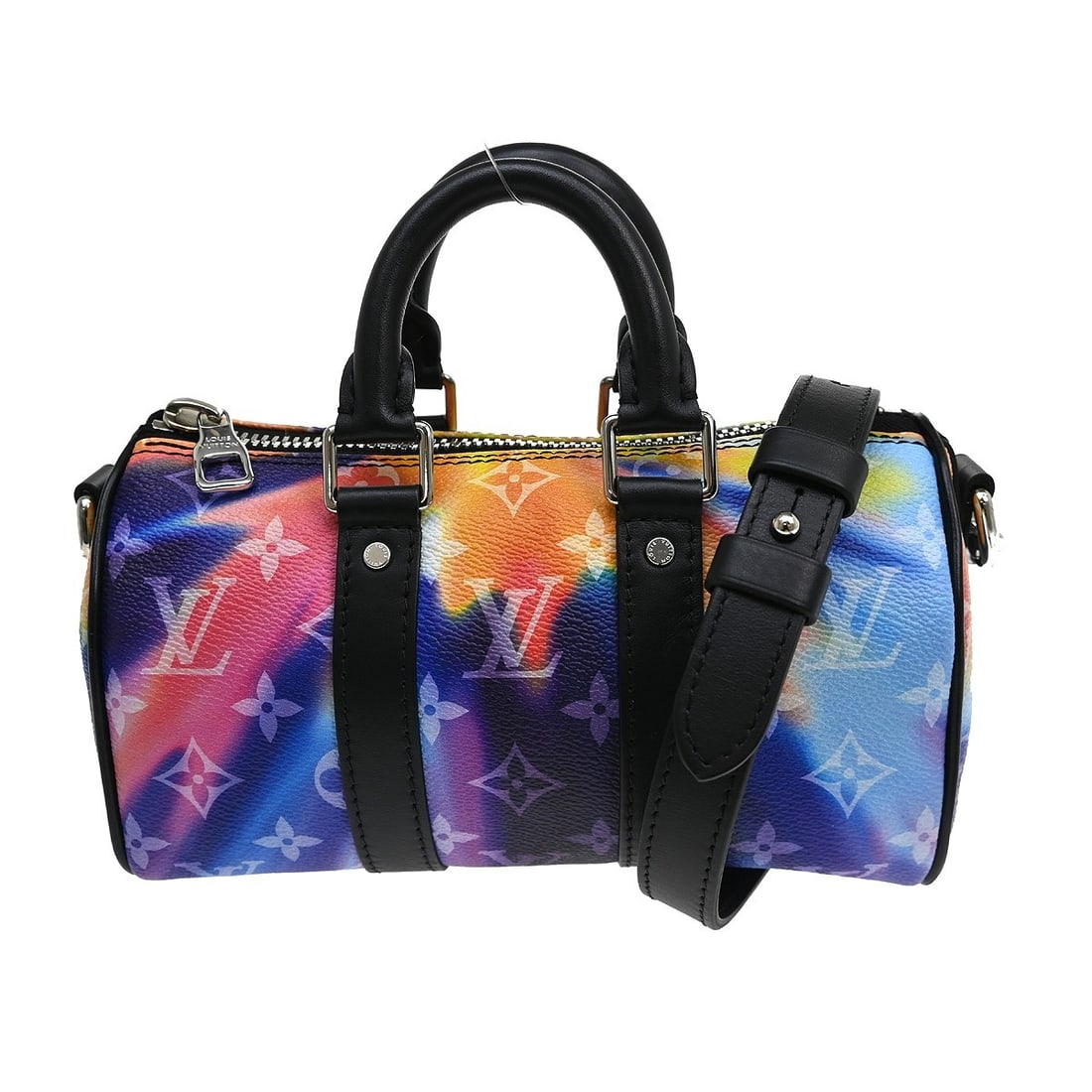 Louis Vuitton Keepall XS Blue Monogram Sunset Top Handle Bag M80953: Louis Vuitton Keepall XS Blue Monogram Sunset Top Handle Bag M80953 Louis Vuitton Keepall XS 2-way handbag in blue Monogram Sunset with black lining. This vintage women's top handle bag features a zip