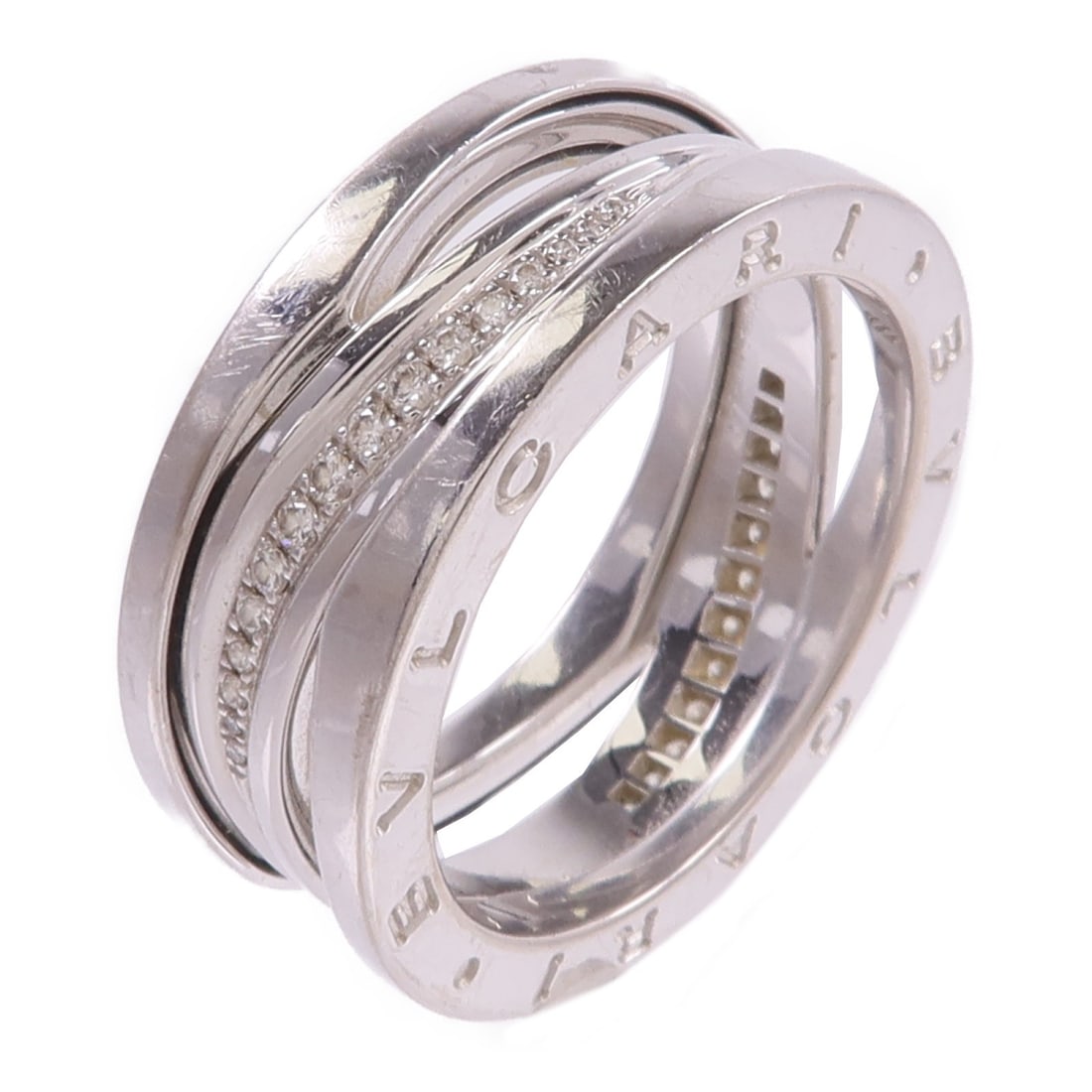 BVLGARI B-zero1 18K White Gold Diamond Ring Model A858378 Size 9.75: BVLGARI B-zero1 18K White Gold Diamond Ring Model A858378 Size 9.75 BVLGARI B-zero1 Diamonds Ring in 18K white gold with diamond accents. The ring is size US 9.75 and features a 9 mm ring width. It co