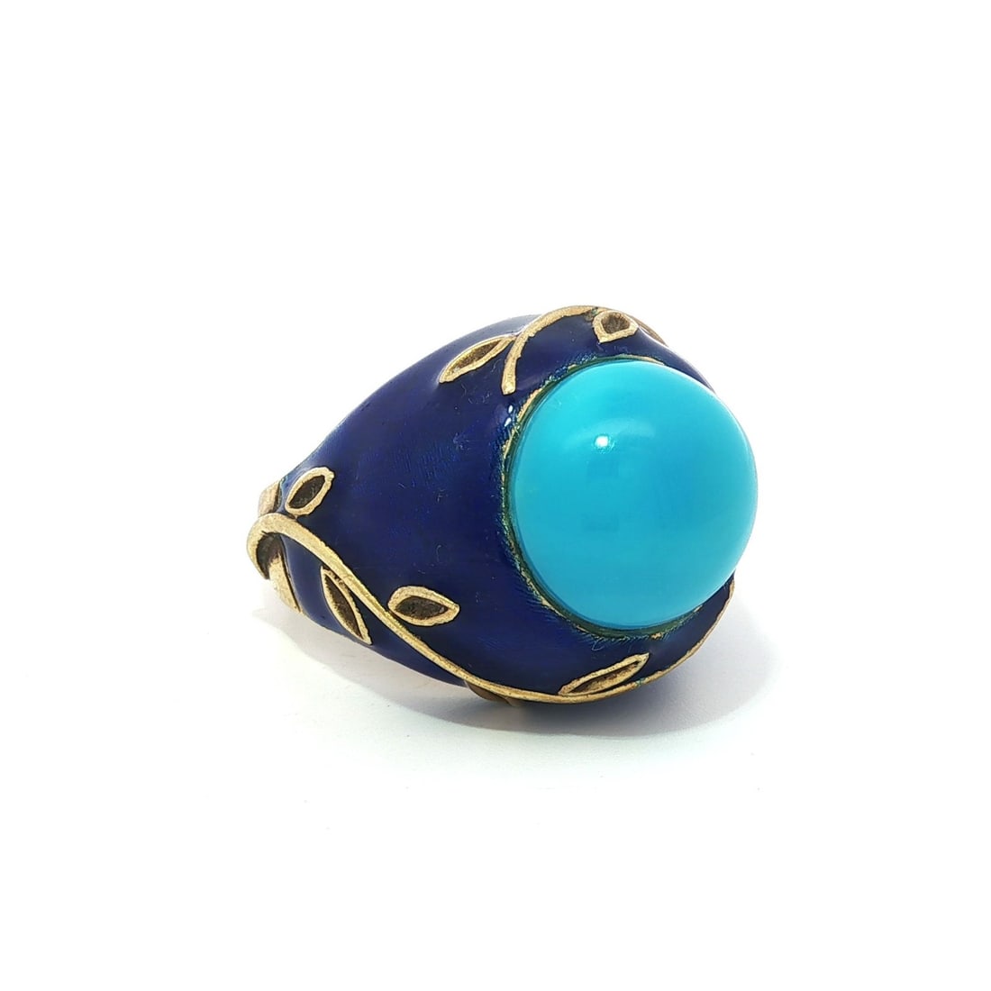 Vintage Yellow Gold Turquoise Blue Enamel Cocktail Ring Vine Design: Vintage Yellow Gold Turquoise Blue Enamel Cocktail Ring Vine Design This stunning vintage cocktail ring features a beautiful natural turquoise stone in a round cabochon cut, bezel set, and showcasing 