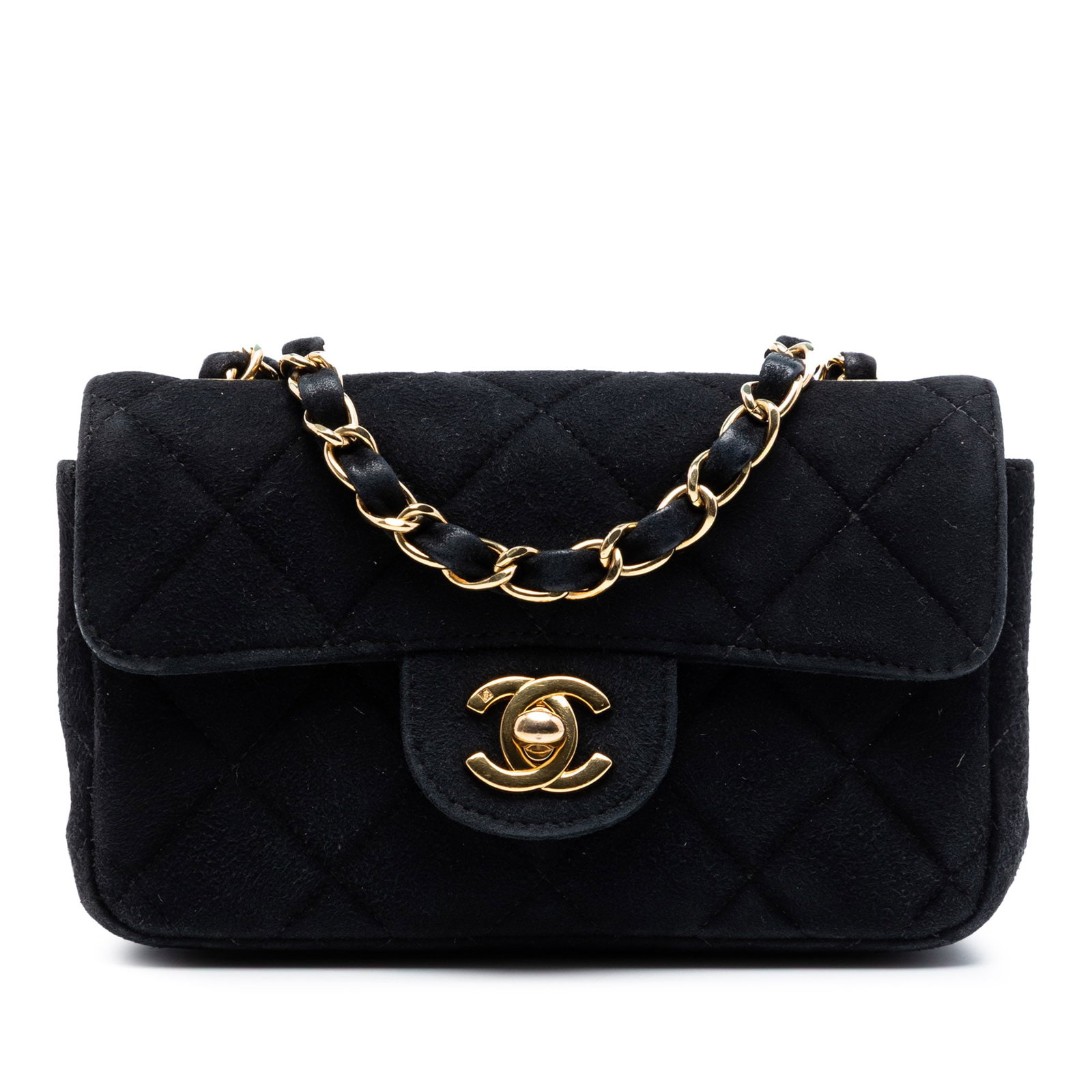 Chanel black suede mini flap bag with chain strap: Chanel black suede mini flap bag with chain strap This Chanel Extra Mini Rectangular Classic Suede Single Flap bag is crafted from quilted suede leather in black and features a leather-woven chain str