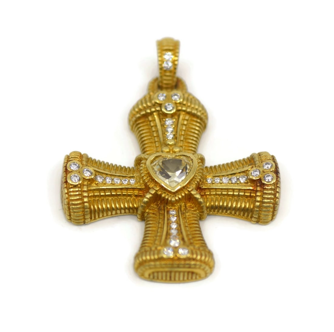 Judith Ripka 18K Yellow Gold Chandelier Cross Earrings with Diamonds and Citrine: Judith Ripka 18K Yellow Gold Chandelier Cross Earrings with Diamonds and Citrine Experience the elegance of these Judith Ripka earrings featuring a stunning cross design. Crafted from 18K yellow gold,