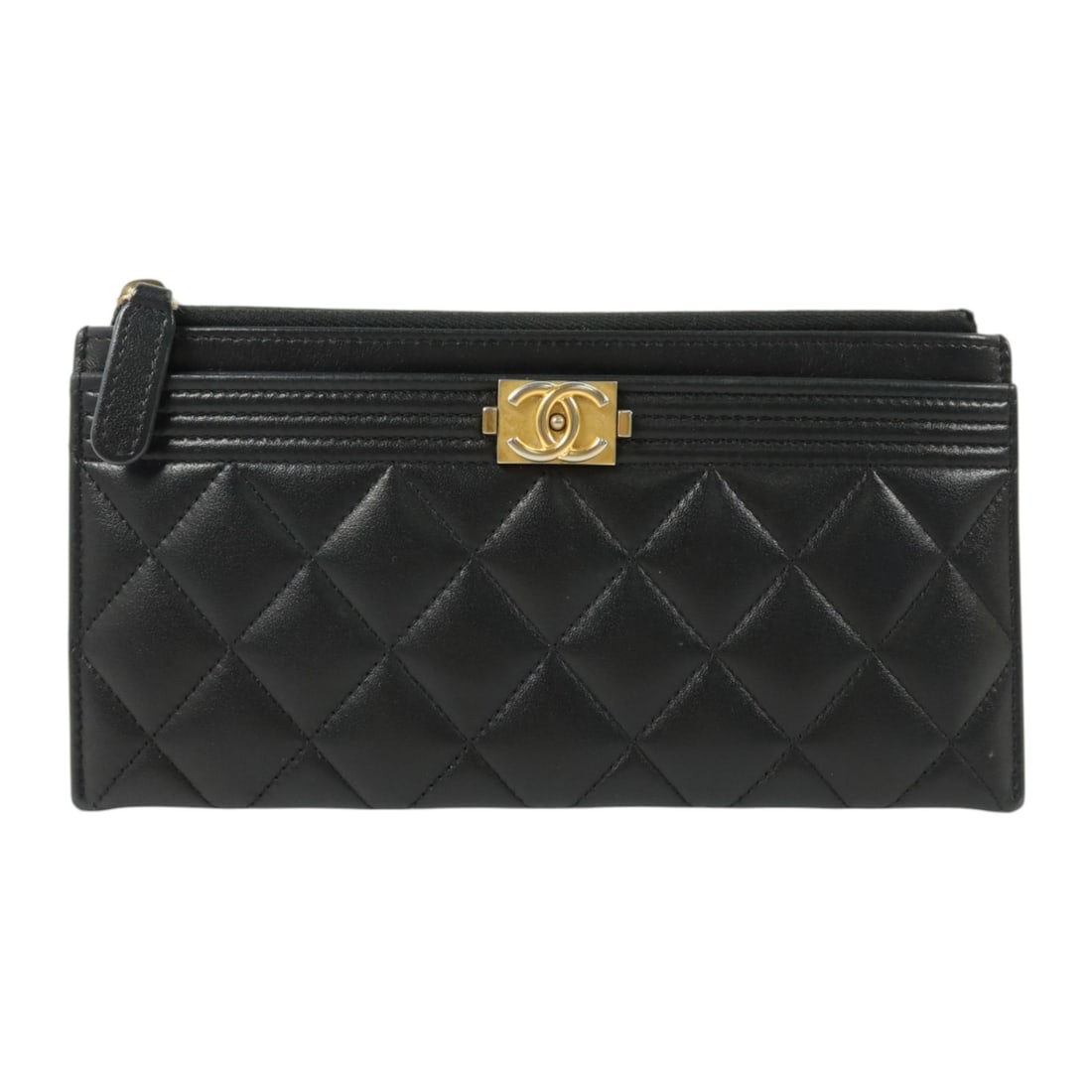 CHANEL Boy Chanel bifold long wallet black lambskin leather CC GHW: CHANEL Boy Chanel bifold long wallet black lambskin leather CC GHW CHANEL CC GHW Boy Chanel Zipper Long Wallet in black lambskin (sheep leather). This bifold purse is made in France and features a zip
