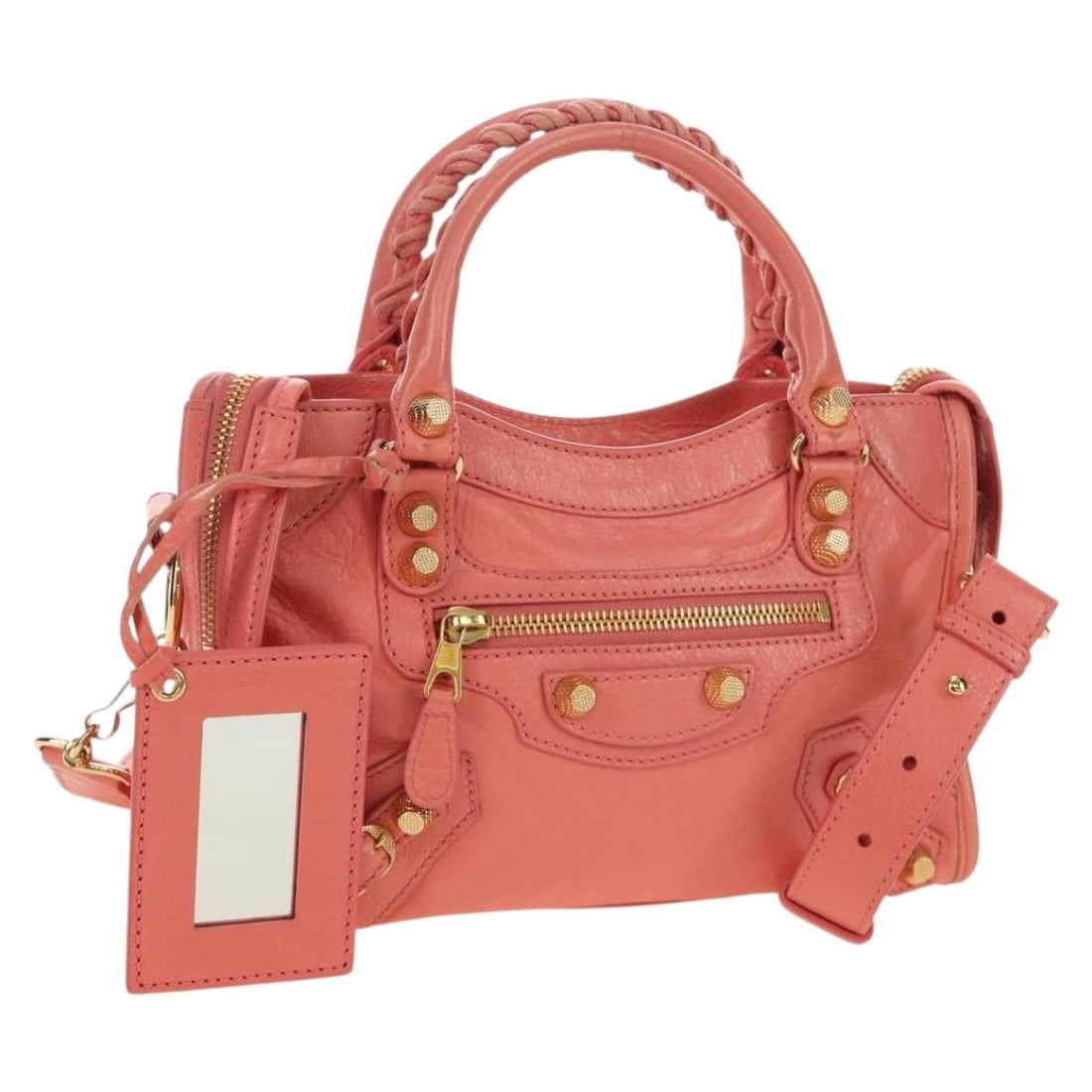 Balenciaga Giant Mini City Leather 2way Handbag Pink Gold 309544: Balenciaga Giant Mini City Leather 2way Handbag Pink Gold 309544 Balenciaga Giant Mini City Hand Bag in pink and gold leather, made in Italy. This women's handbag comes with a shoulder strap and mirro